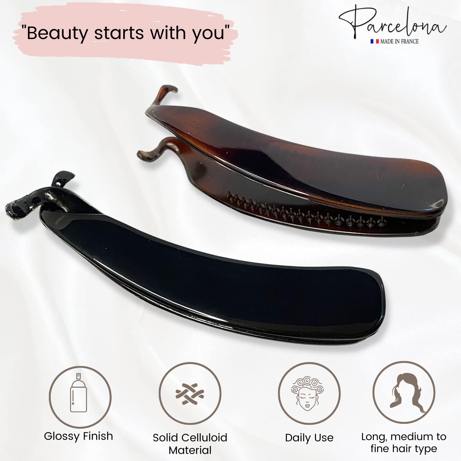 Parcelona French Lock Black and Brown 4” Set of 2 Cellulose Banana Hair Clips