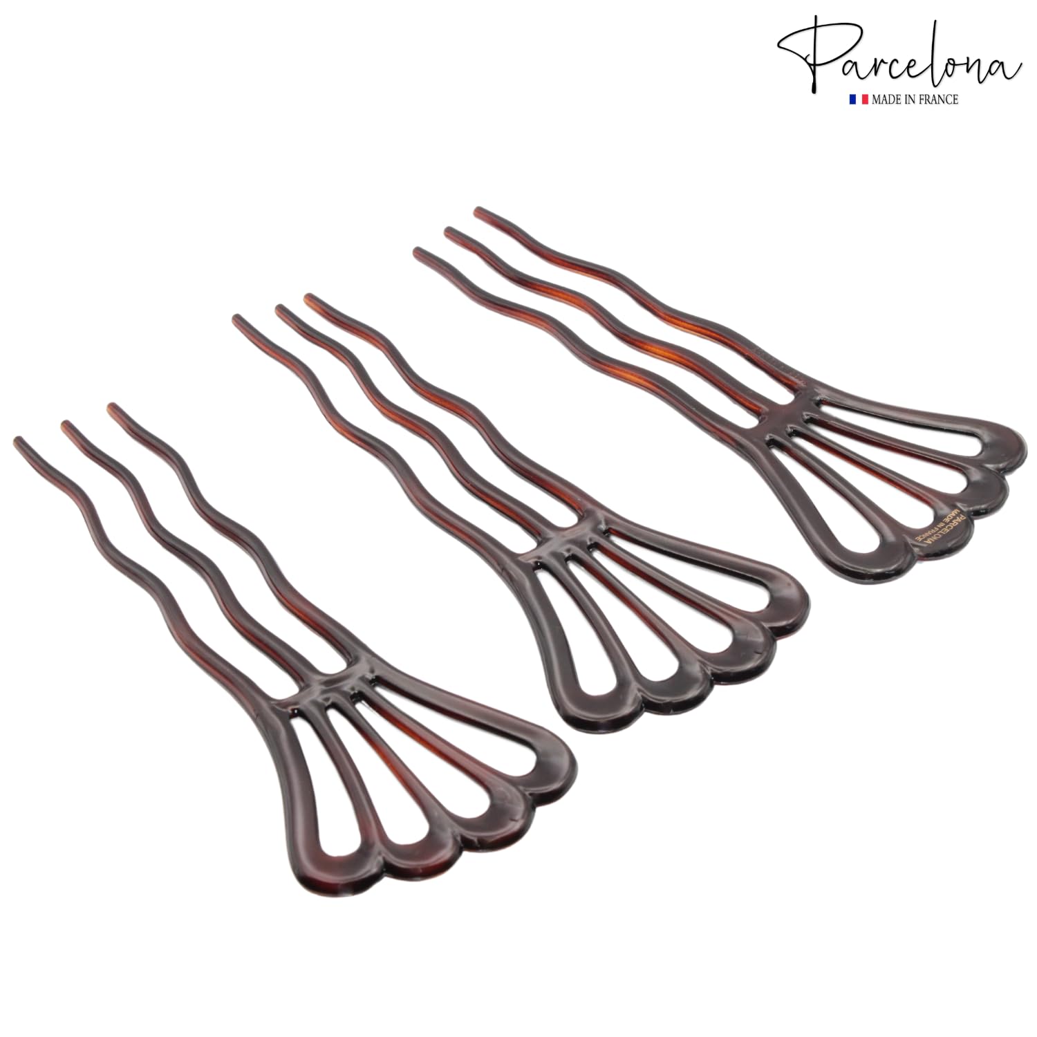 Parcelona French Wavy Three Teeth Shell Large Set of 3 Chignon Hair Pin Sticks