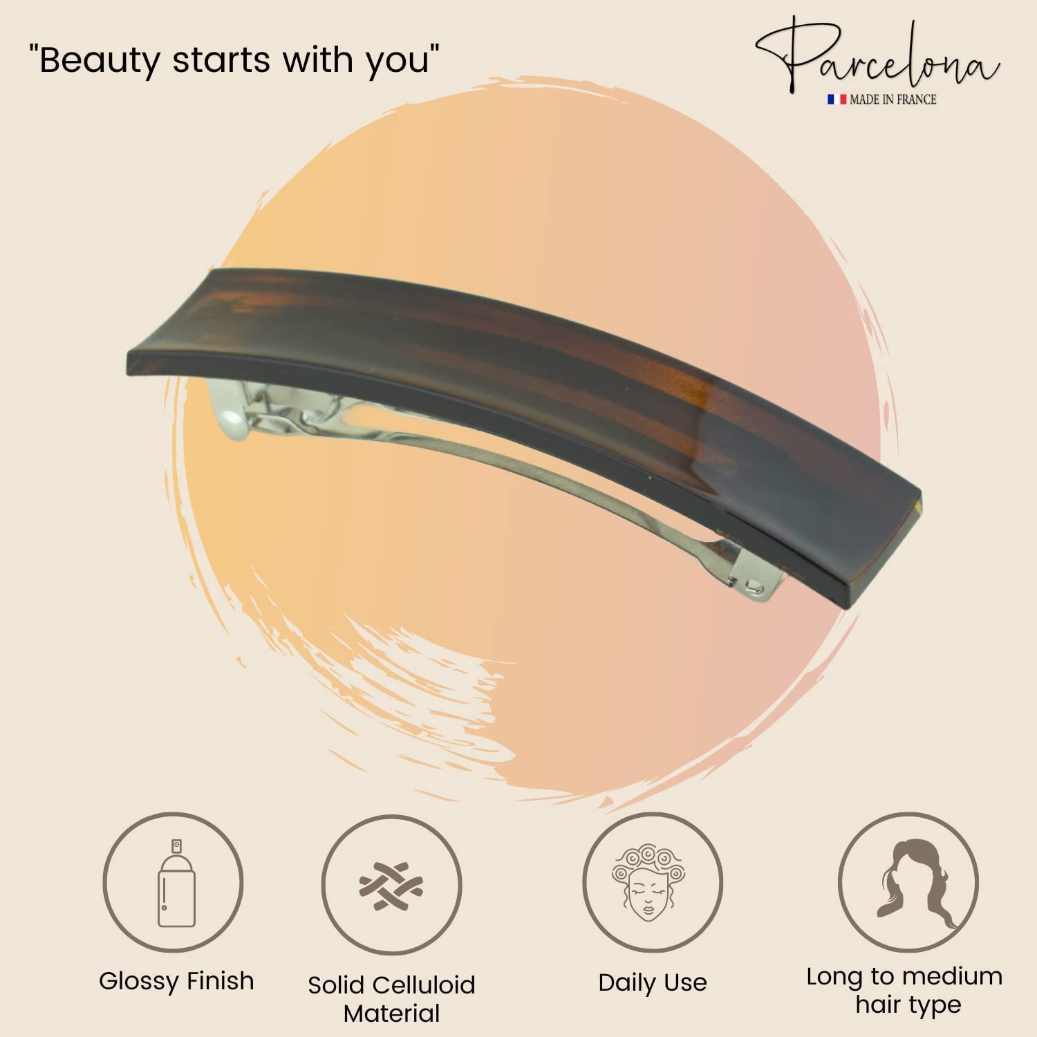 Parcelona French Oblong Tortoise Shell Medium Cellulose Hair Barrette for Women