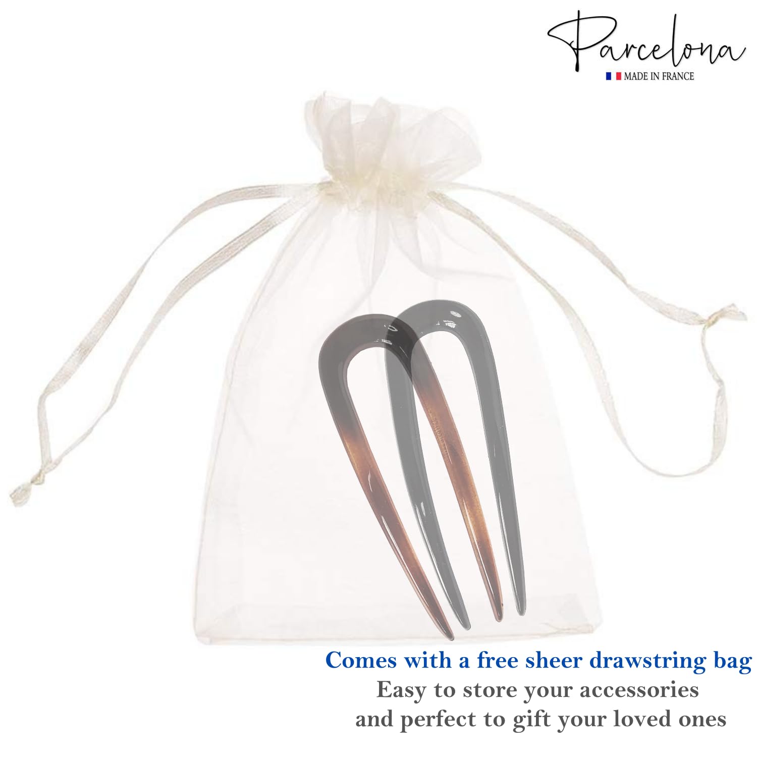 Parcelona French Paris Shell n Black Cellulose Chignon U Hair Pin Sticks(2 Pcs)