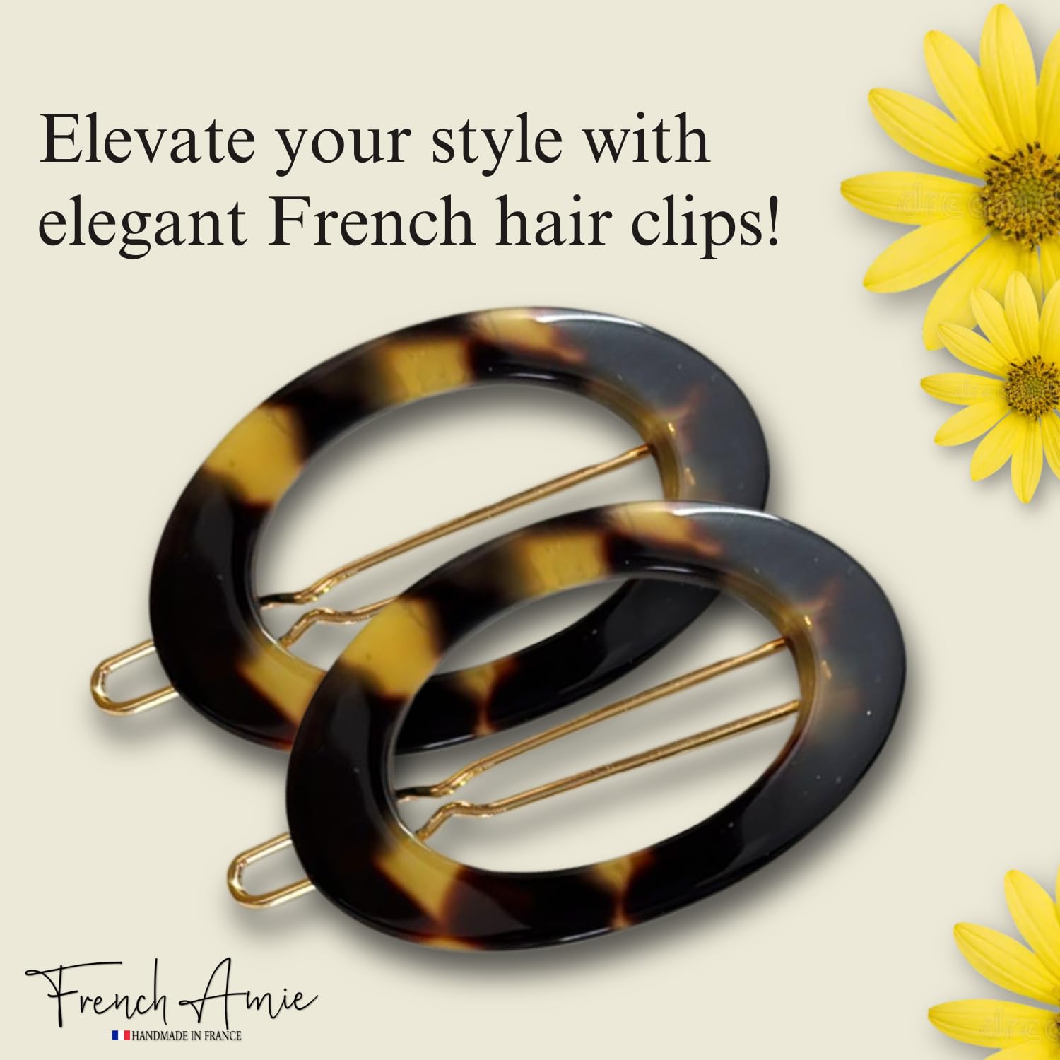 French Amie Oval Hoop Small 1 1/4” Celluloid Handmade Hair Barrette Clips(2 Pcs)