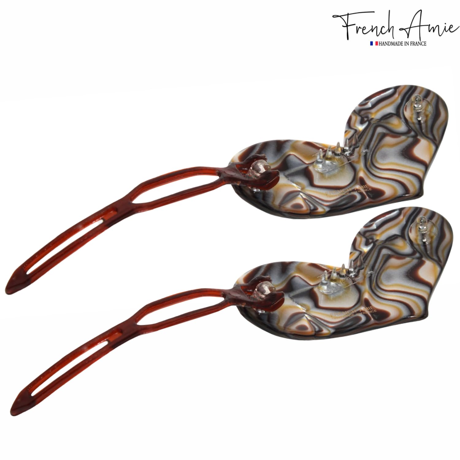 French Amie Cupid Hearts Small Celluloid Metal Free Snap Hair Clips - 2 Pcs