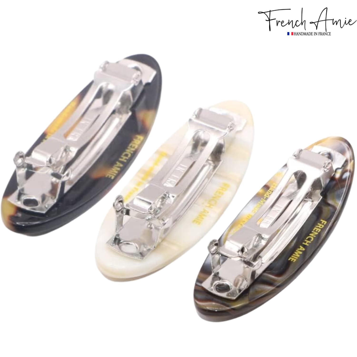 French Amie Oval Small Set of 3 Handmade Celluloid Hair Clip Barrette for Girls