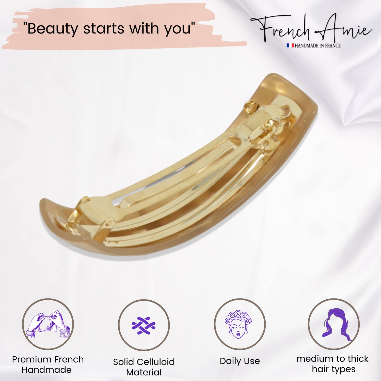 French Amie Curved Oblong Large Cellulose Handmade Hair Barrette for Women