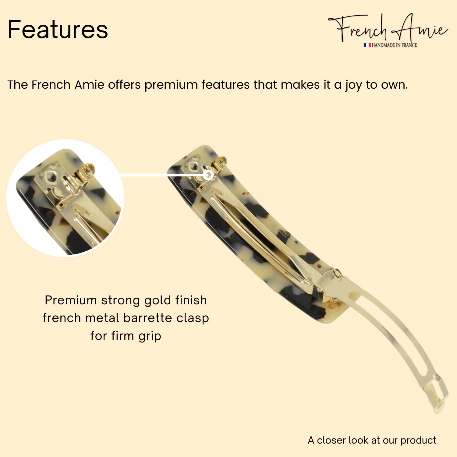 French Amie Rectangular White Tokyo Cellulose Handmade Automatic Hair Barrette