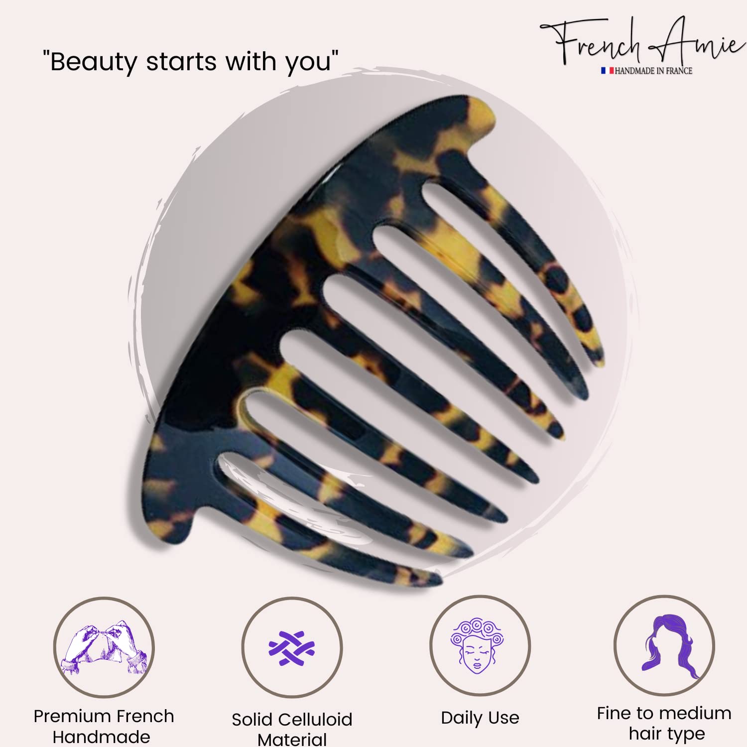 French Amie 7 Teeth Handmade Cellulose Side Hair Comb for Women and Girls
