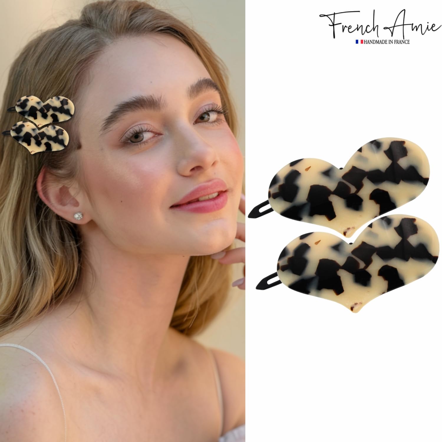 French Amie Cupid Hearts Small Celluloid Metal Free Snap Hair Clips - 2 Pcs