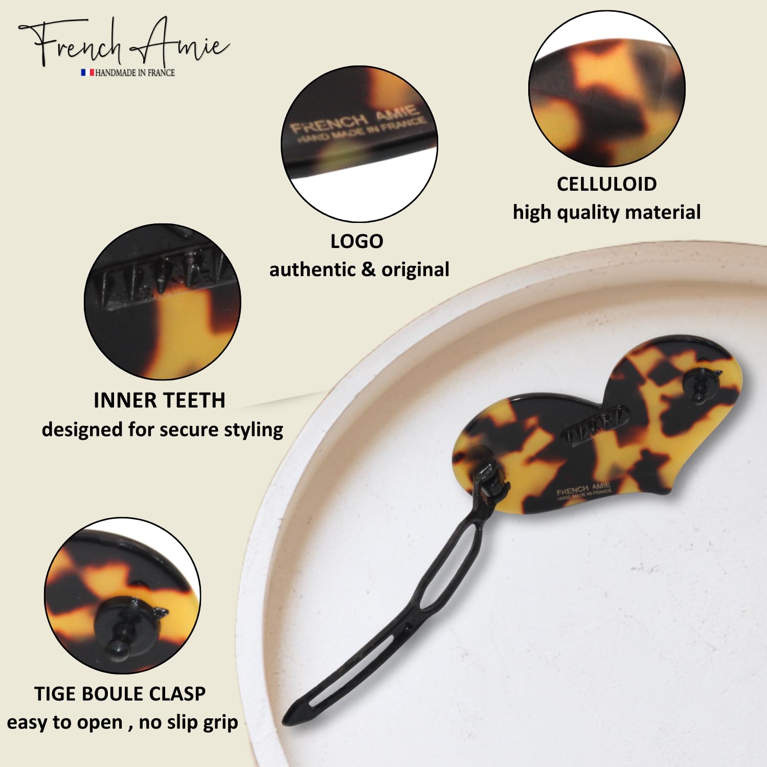 French Amie Cupid Hearts Small Celluloid Metal Free Snap Hair Clips - 2 Pcs
