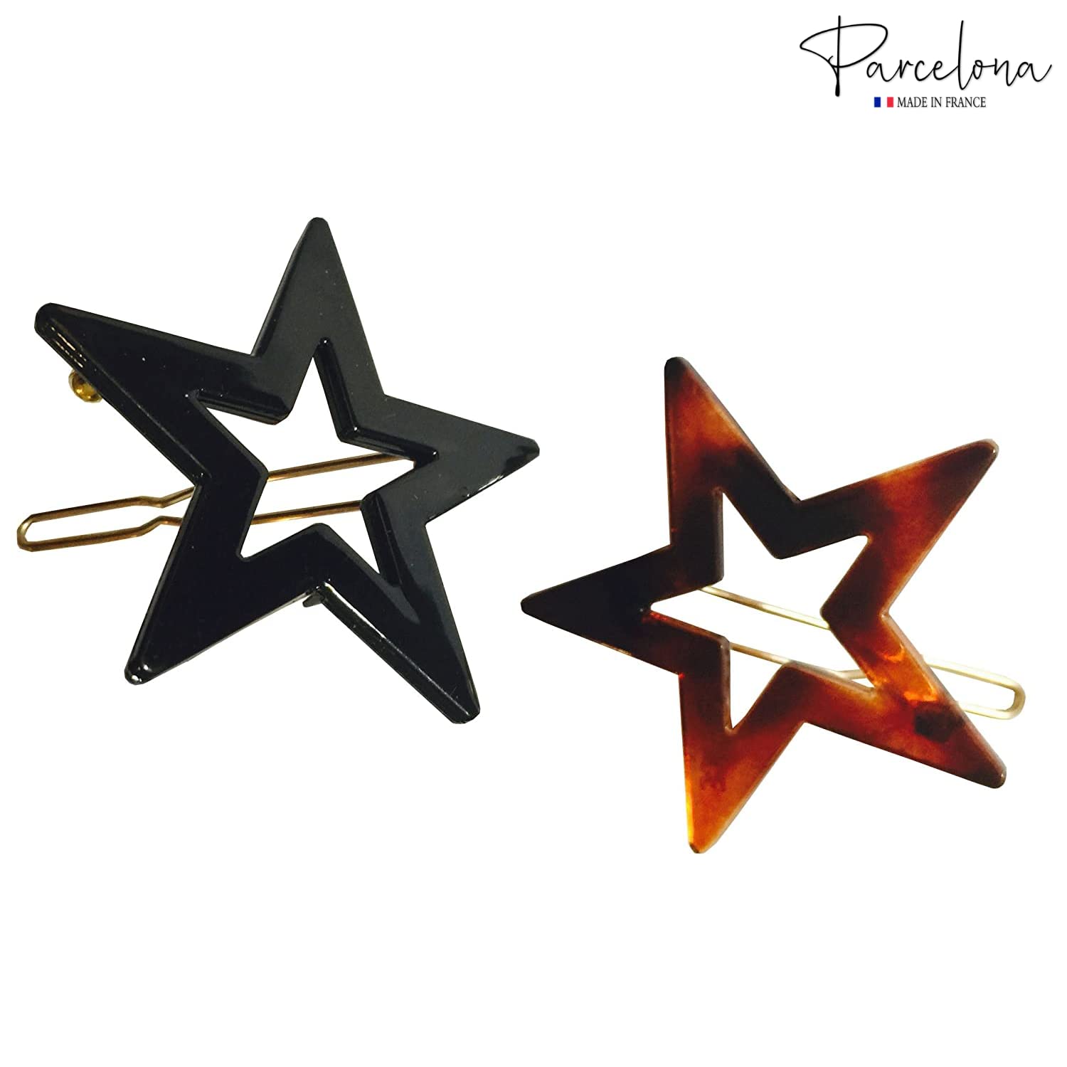 Parcelona French Twin Star Set of 2 Brown Shell N Black Cellulose Snap Hair Pins
