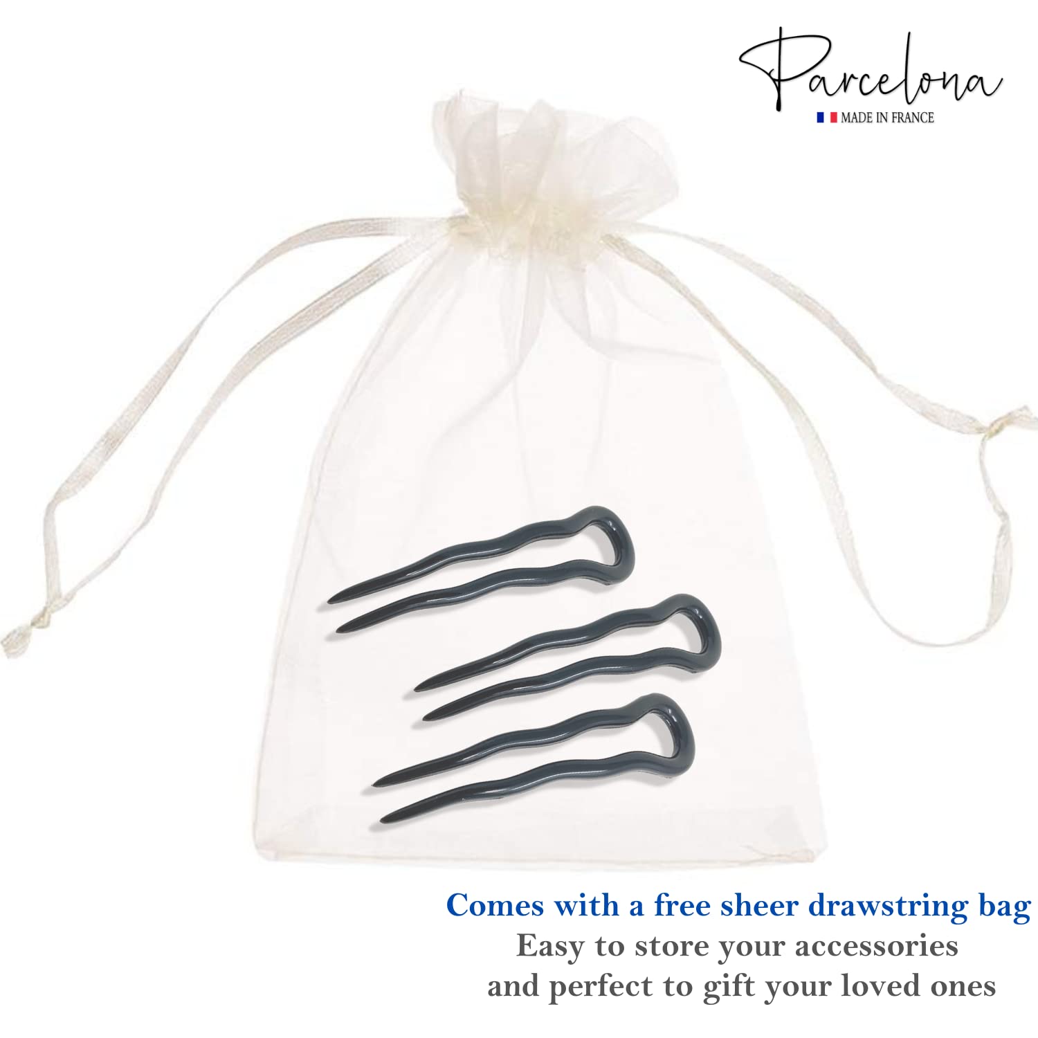 Parcelona French Mystic Large 3" Cellulose Chignon U Shaped Hair Pins(Set of 3)