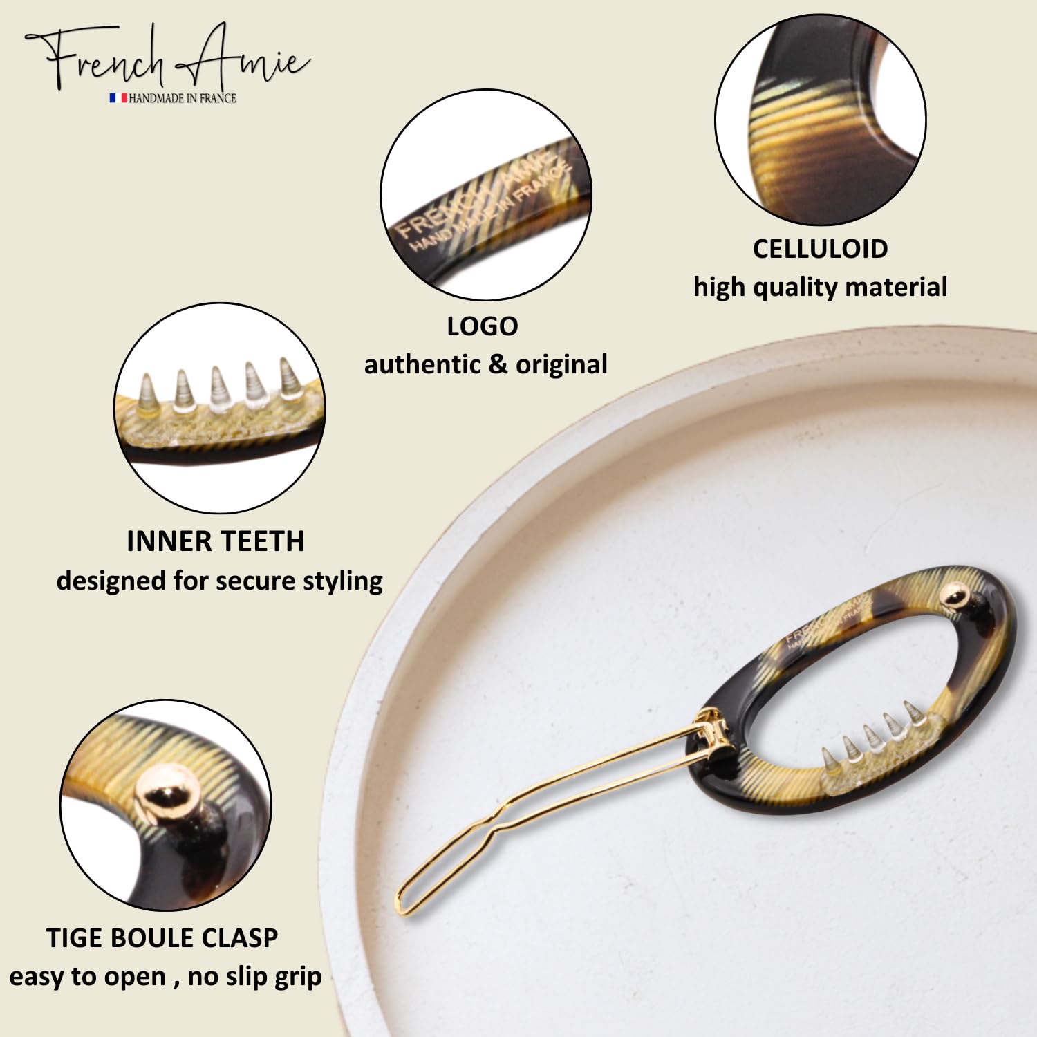 French Amie Oval Hoop Small 1 1/4” Celluloid Handmade Hair Barrette Clips(2 Pcs)