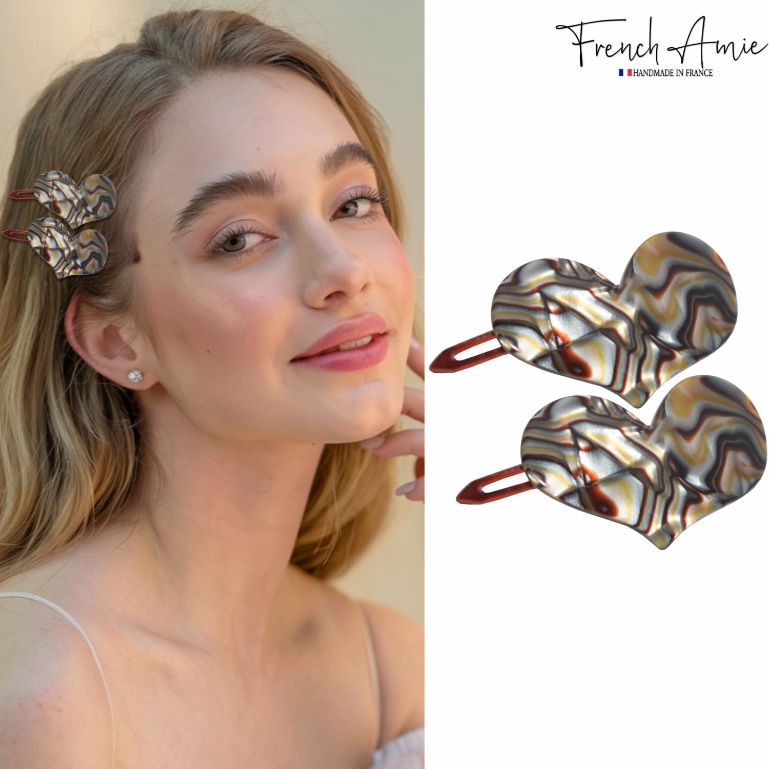 French Amie Cupid Hearts Small Celluloid Metal Free Snap Hair Clips - 2 Pcs