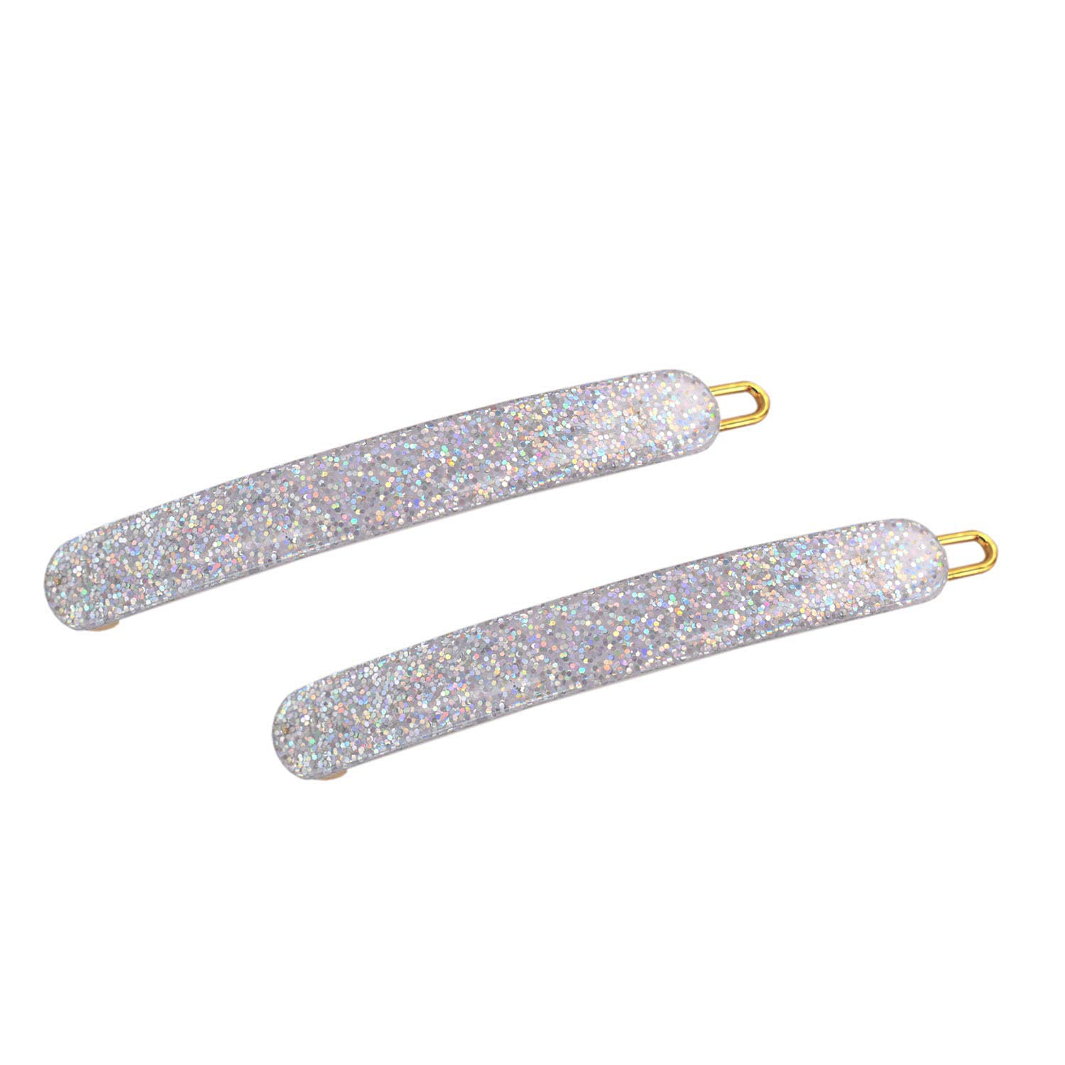French Amie Rounded Oblong Small Silver Glitter Cellulose Snap Hair Clip 2Pcs