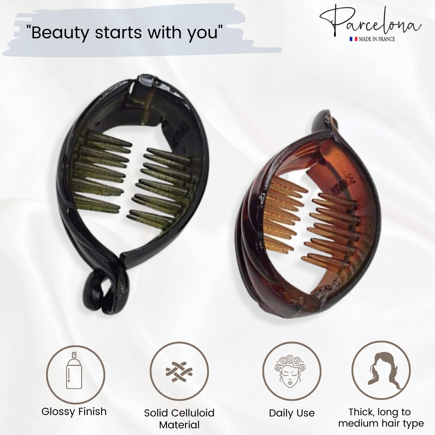 Parcelona French Medium Snapper Shell N Black Cellulose Banana Hair Clips(2 Pcs)