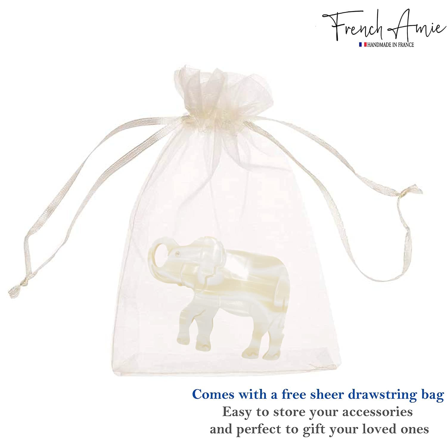 French Amie Elephant Crystal Cream Ivory Cellulose Handmade Hair Barrette