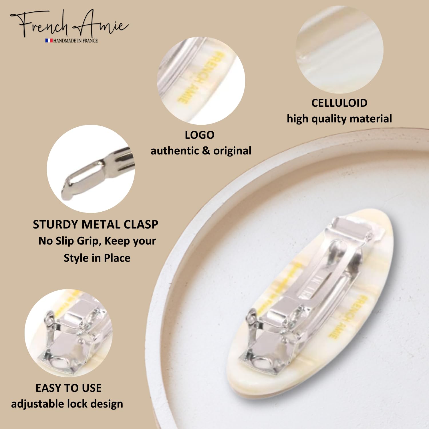 French Amie Oval Small Set of 3 Handmade Celluloid Hair Clip Barrette for Girls