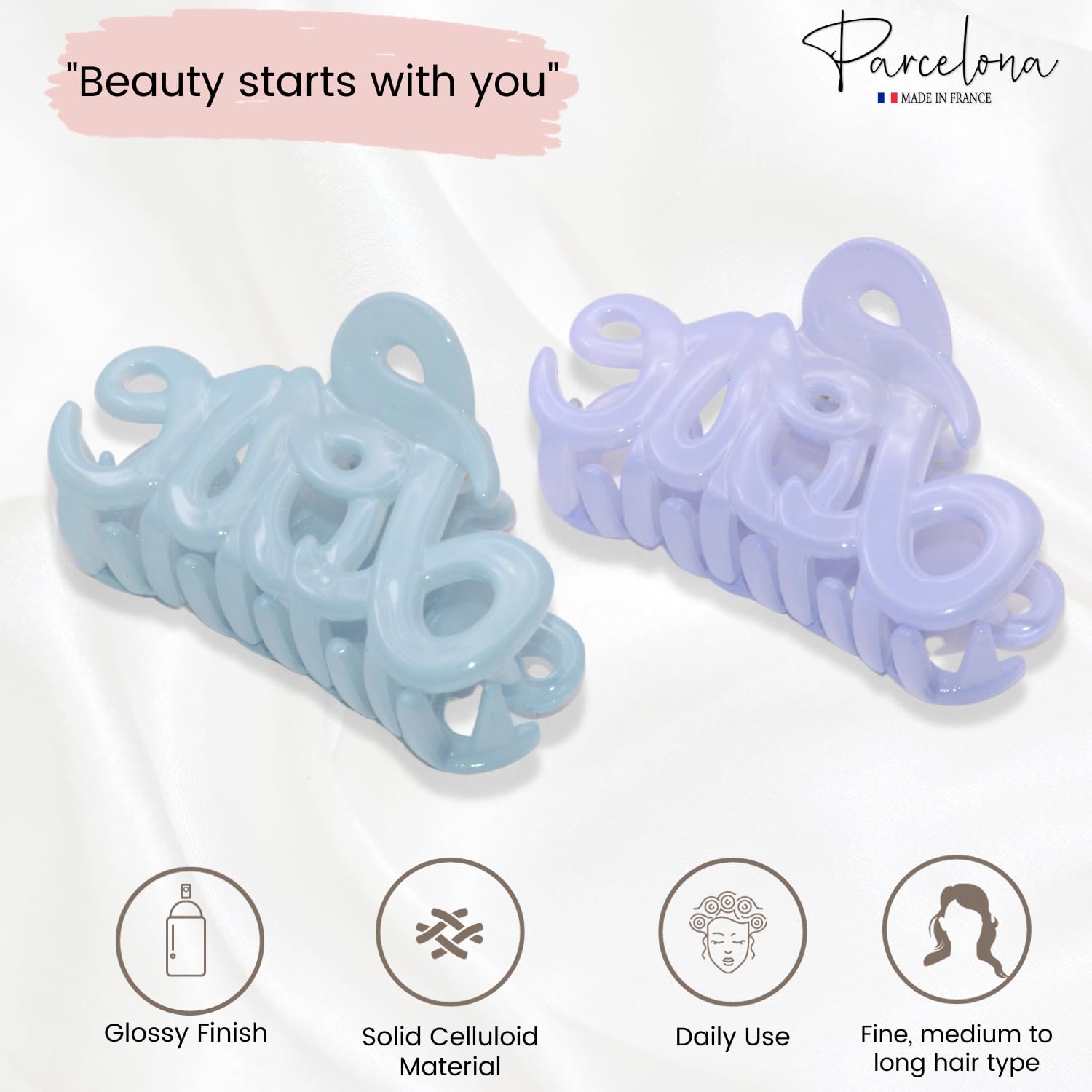 Parcelona French Love Small 2" Cellulose Acetate Hair Claws for Women and Girls