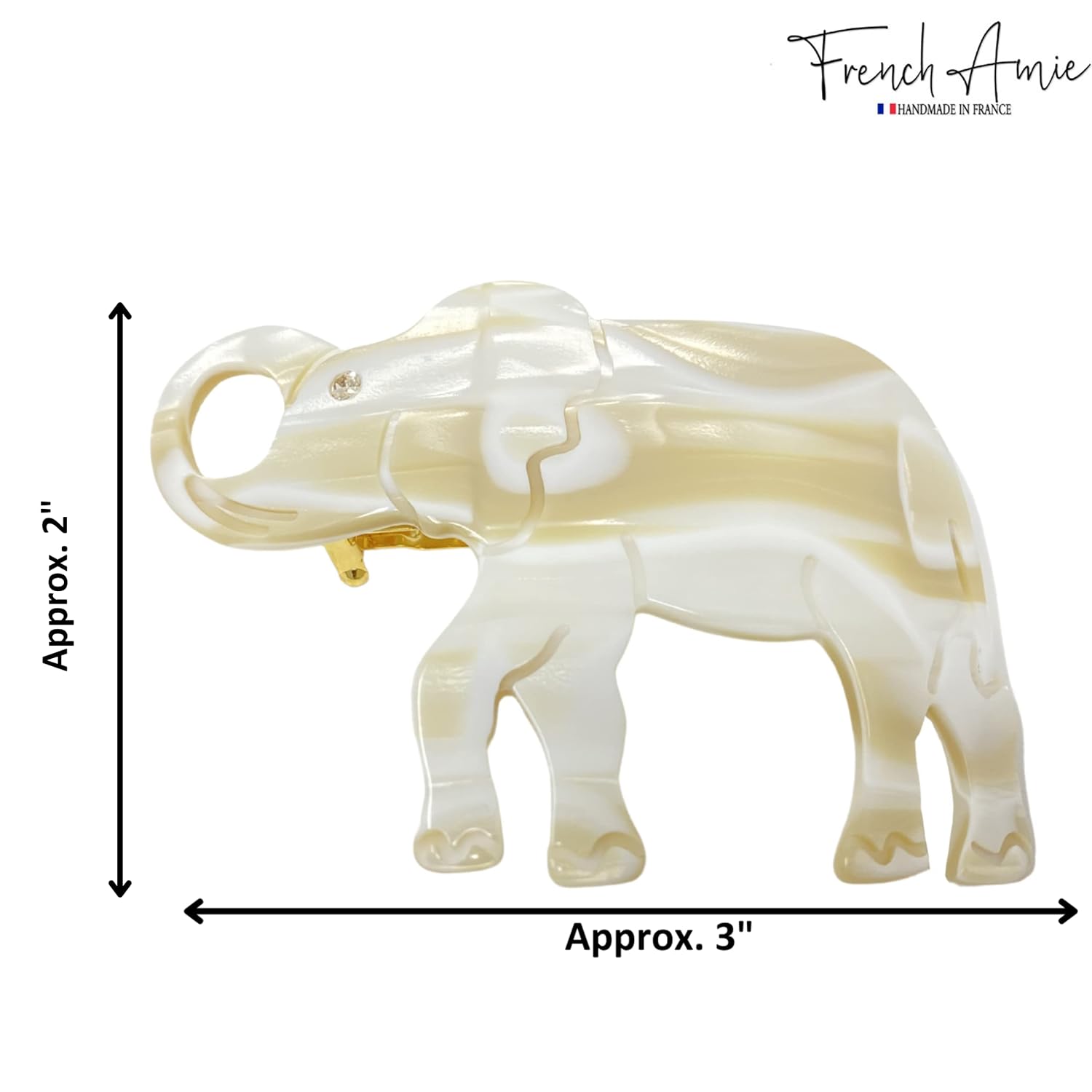 French Amie Elephant Crystal Cream Ivory Cellulose Handmade Hair Barrette
