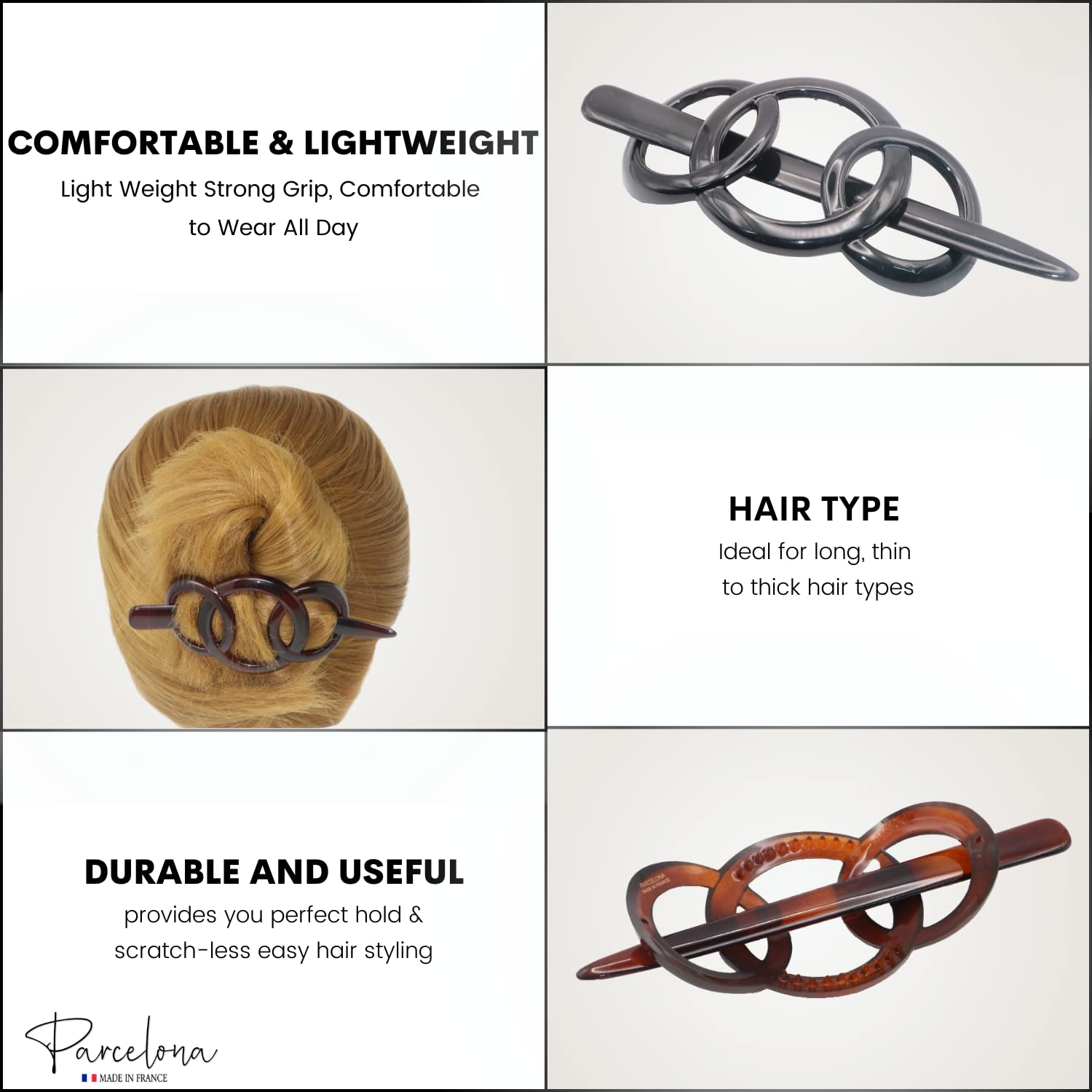 Parcelona French Triple Ringed Celluloid Barrettes with Stick for Women(2 Pcs)