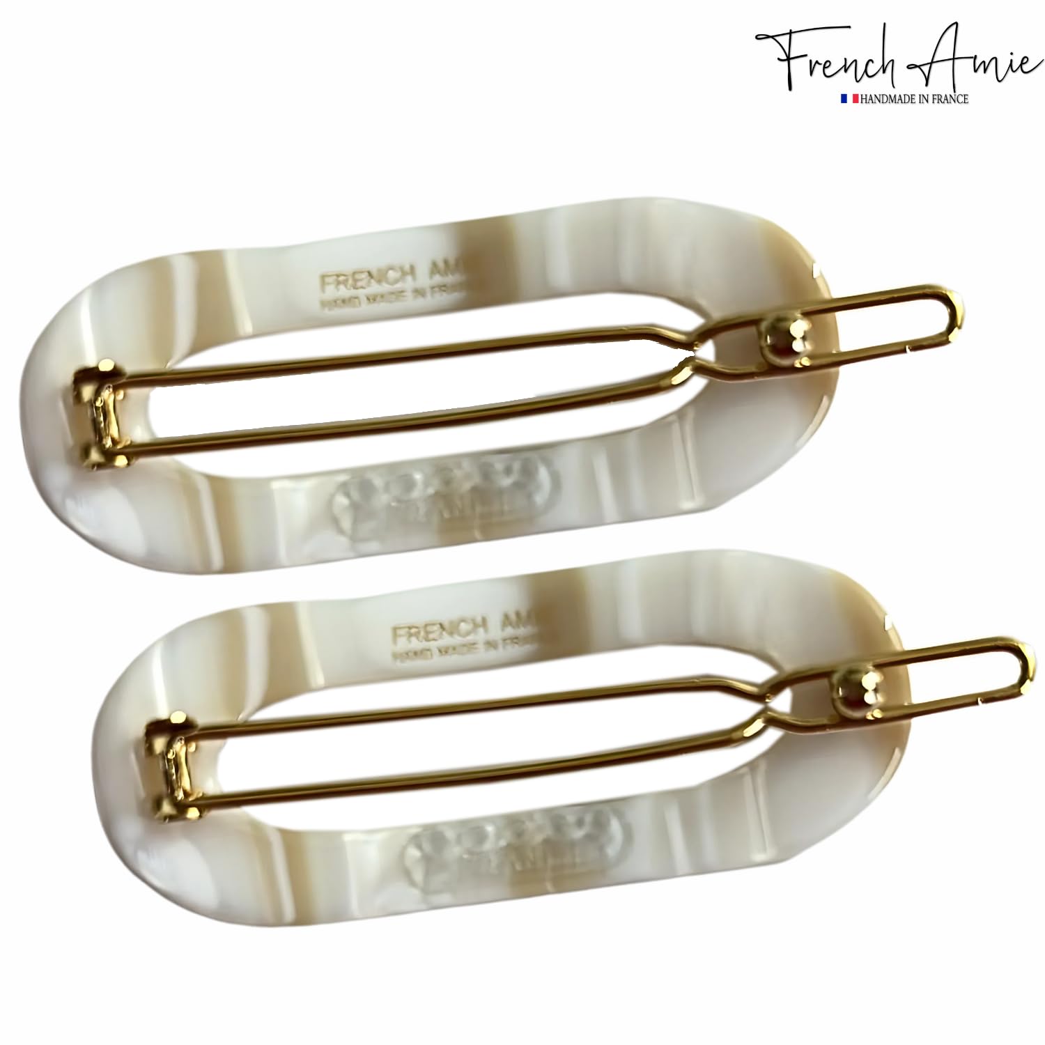French Amie Mini Oval 2” Celluloid Handmade Snap Tige Boule Hair Clips