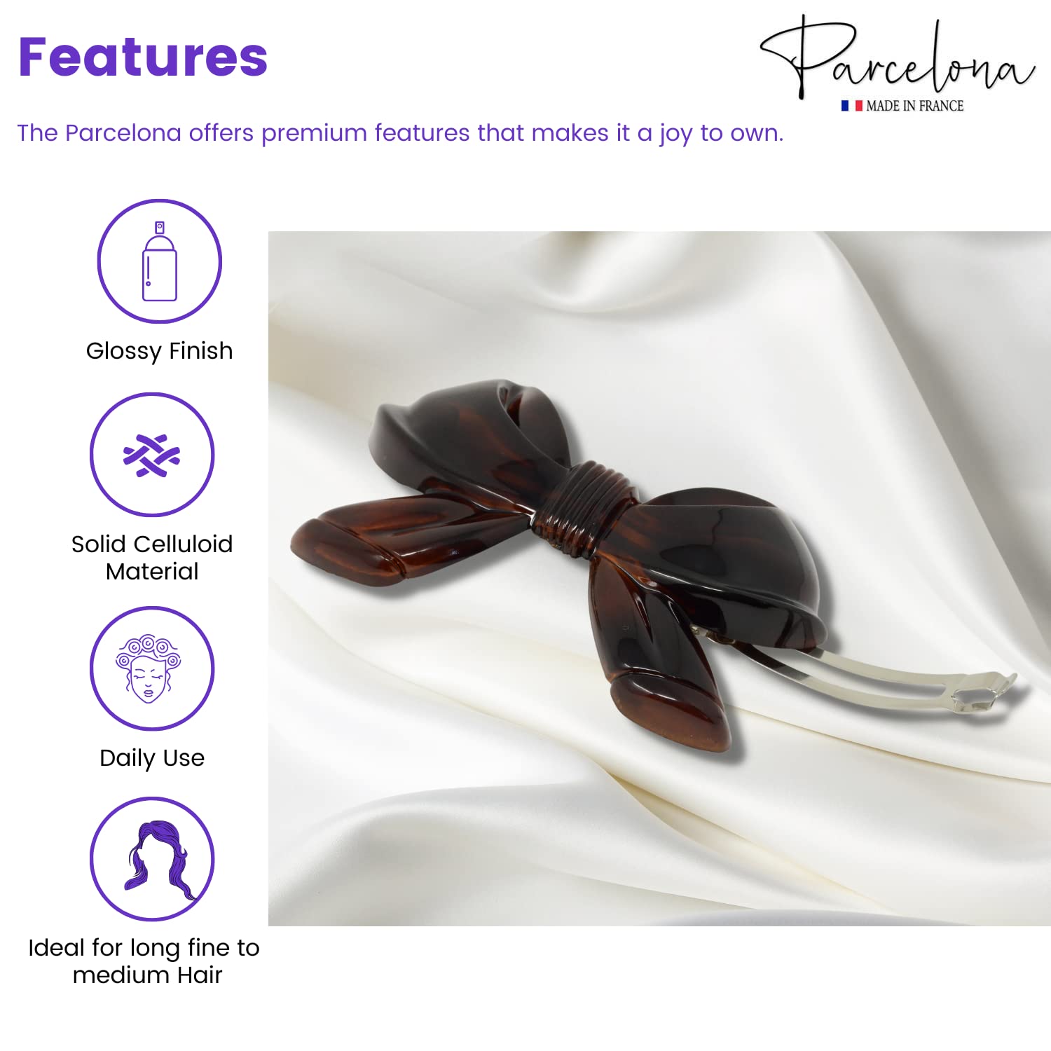 Parcelona French Ribbon Bow Shell Large Cellulose Hair Barrette for Women
