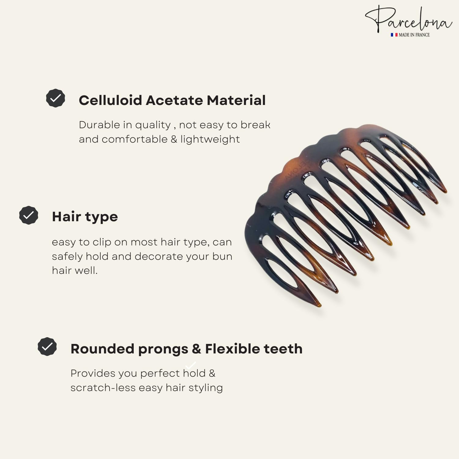Parcelona French Scallop Edge Brown Small 9 Teeth Good Grip Hair Side Combs