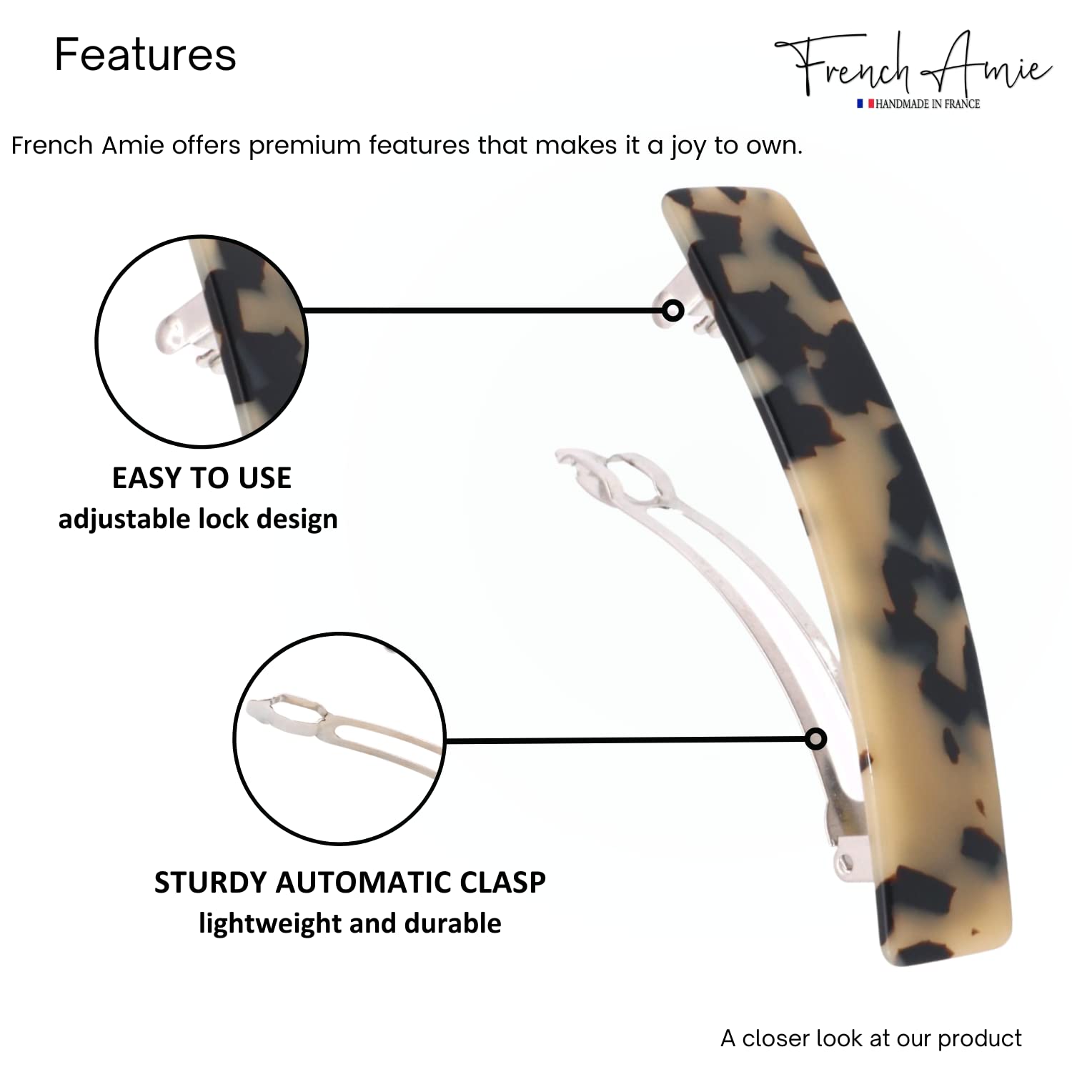 French Amie Oblong 3 1/2" Cellulose Handmade Automatic Hair Barrette for Women