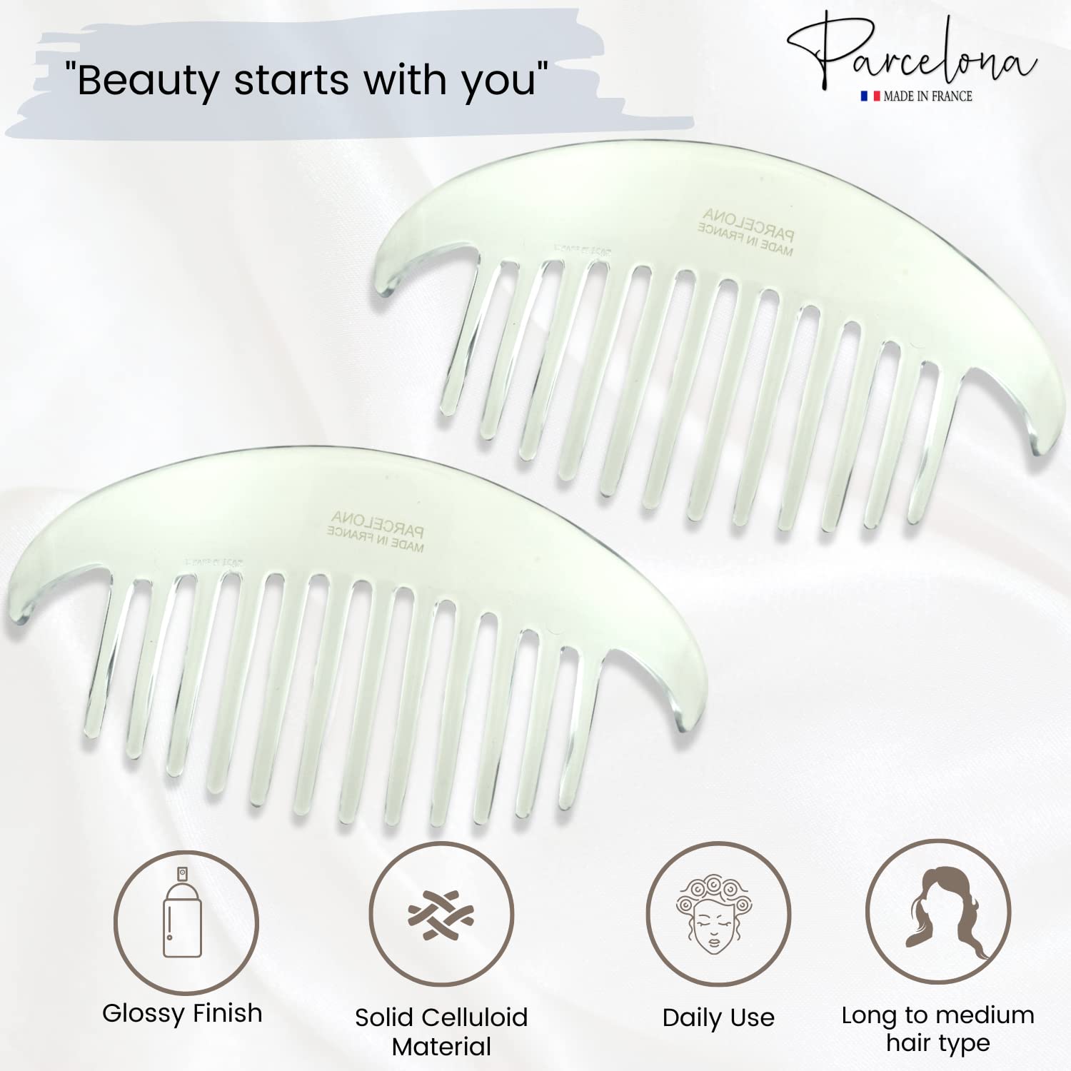 Parcelona French Alice Large Cellulose 12 Teeth Side Hair Combs for Women 2 Pcs