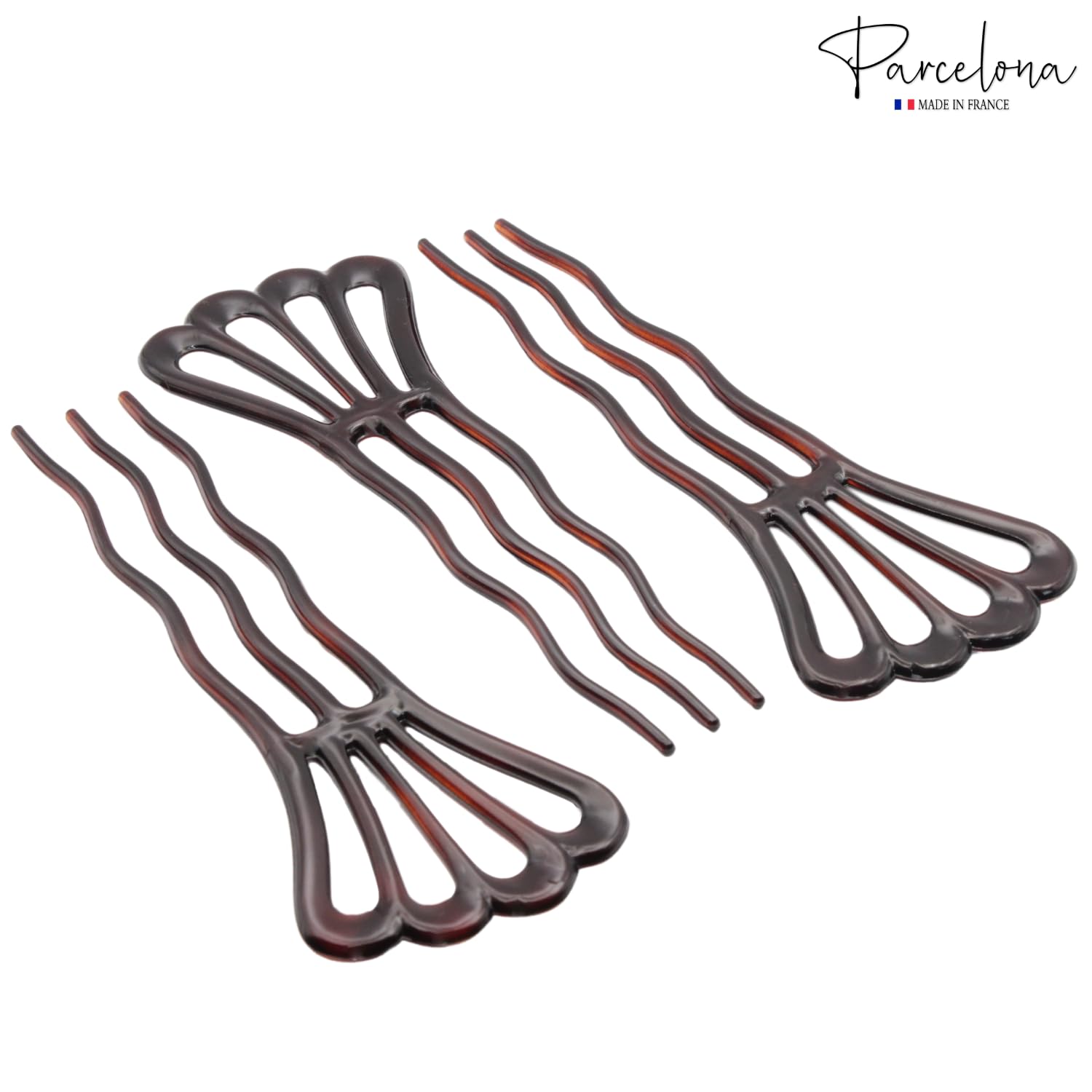 Parcelona French Wavy Three Teeth Shell Large Set of 3 Chignon Hair Pin Sticks