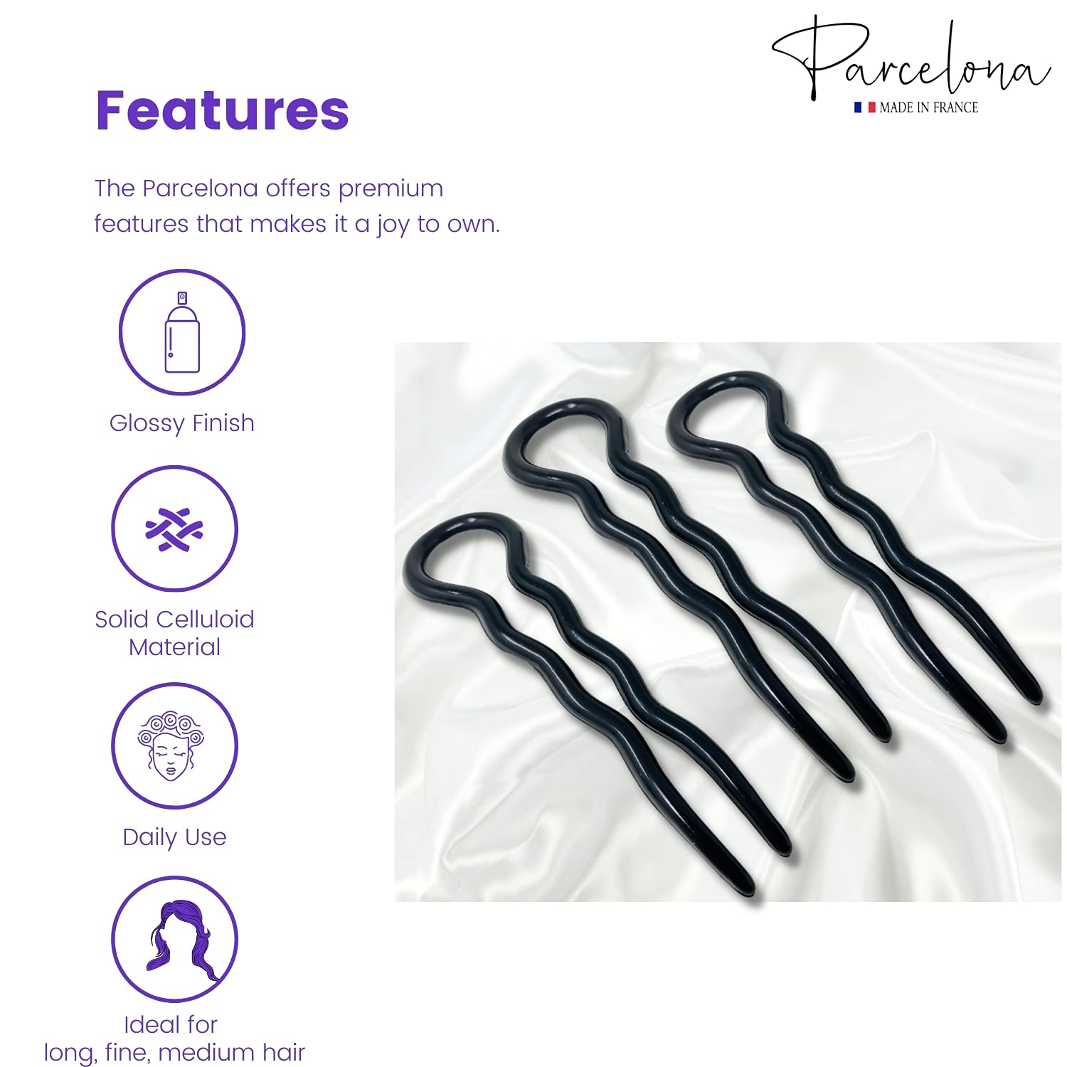 Parcelona French Sleek 3 1/2" Cellulose Wavy U Shaped Hair Pins for Women(3 Pcs)