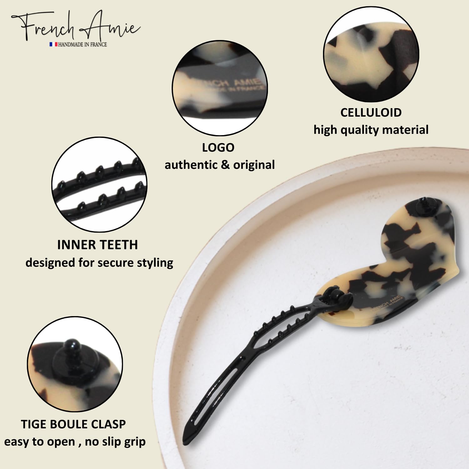 French Amie Cupid Hearts Small Celluloid Metal Free Snap Hair Clips - 2 Pcs
