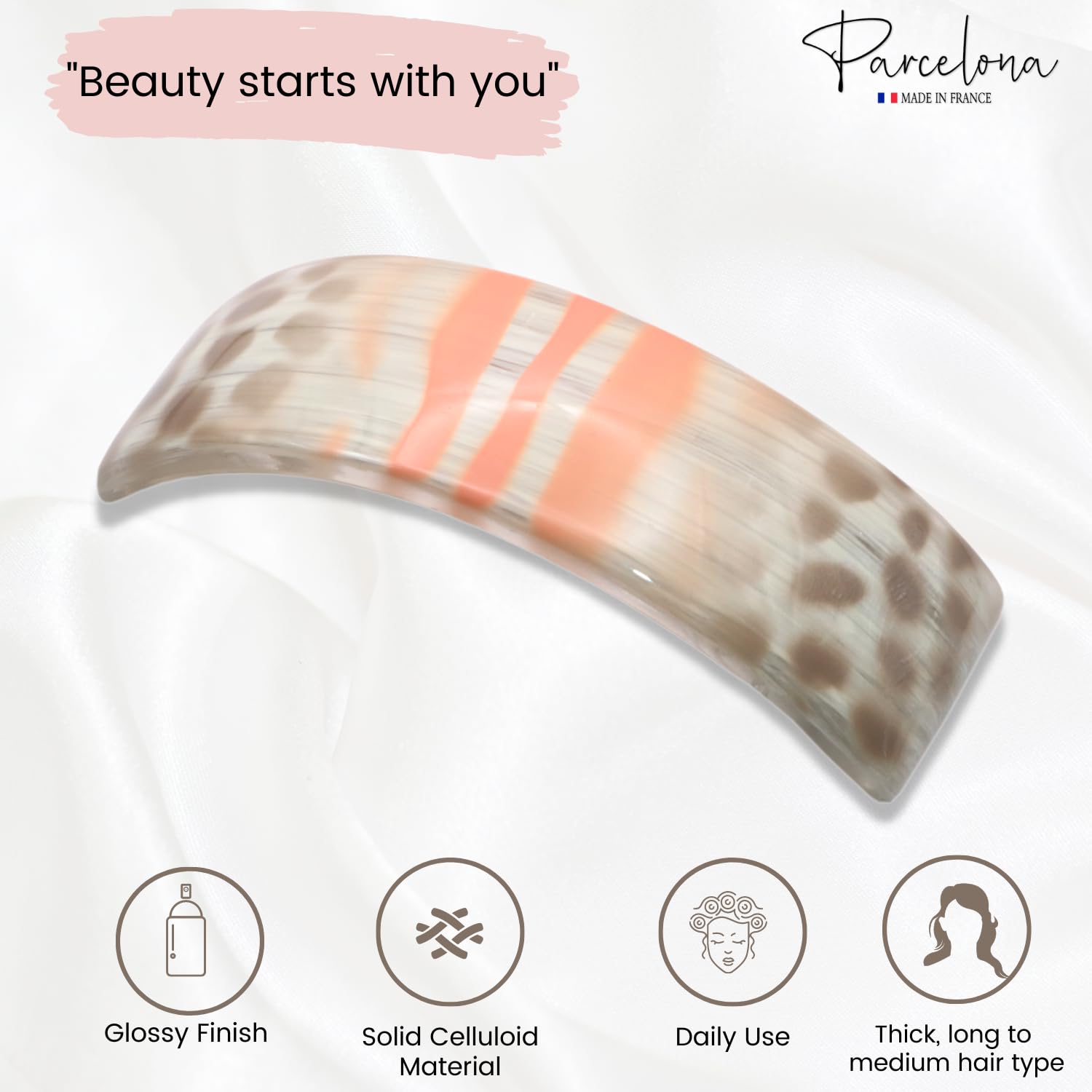 Parcelona French Elite Peach Cream Hand Painted Large Hair Barrette for Women