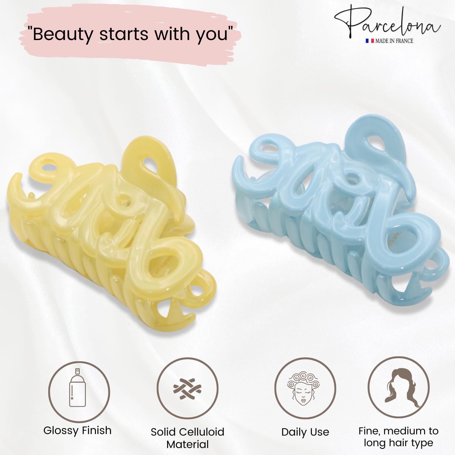 Parcelona French Love Small 2" Cellulose Acetate Hair Claws for Women and Girls