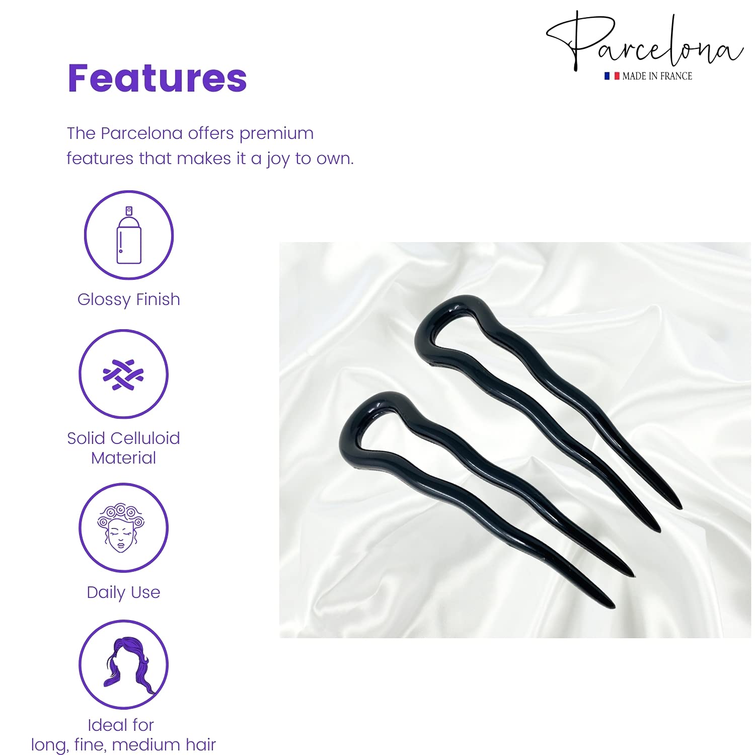 Parcelona French Mystic Large 3" Cellulose Chignon U Shaped Hair Pins(Set of 2)