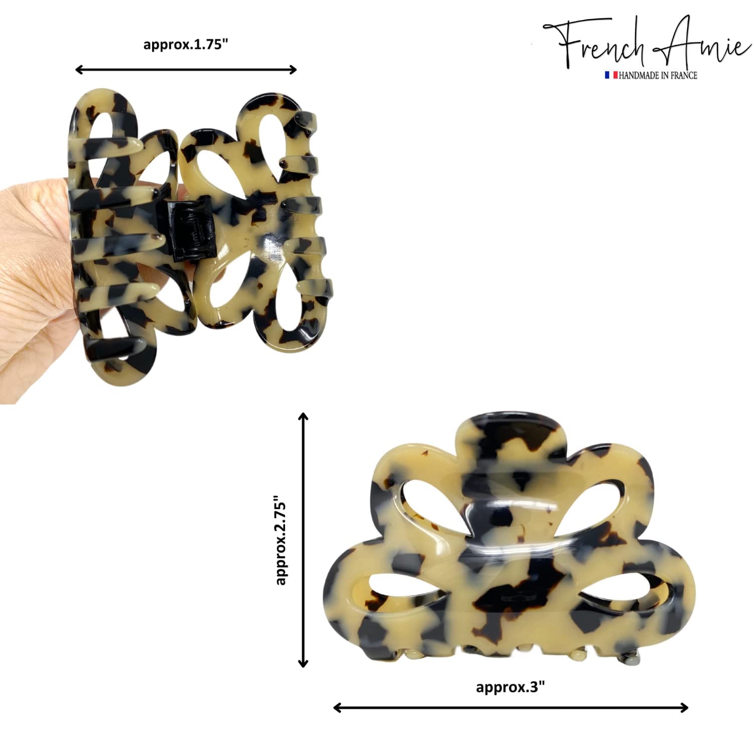 French Amie Flower Bloom 3" Handmade Cellulose No Slip Grip Hair Claw Clip