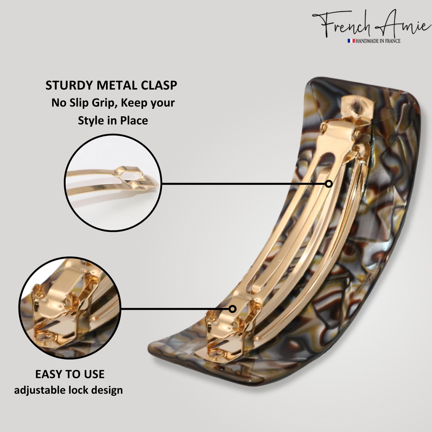 French Amie Broad Curved Oblong Large Celluloid Acetate Hair Barrette for Women