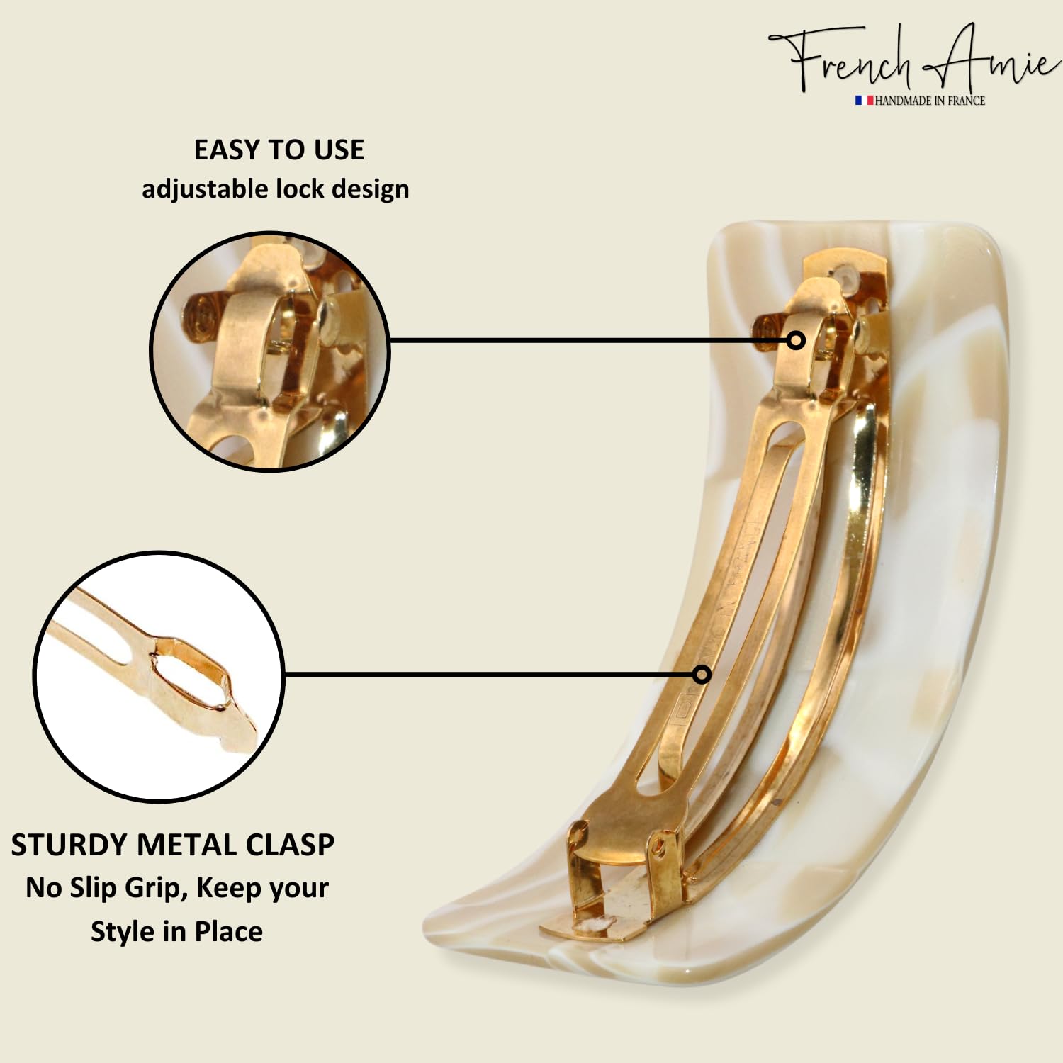 French Amie Broad Curved Oblong Large Celluloid Acetate Hair Barrette for Women
