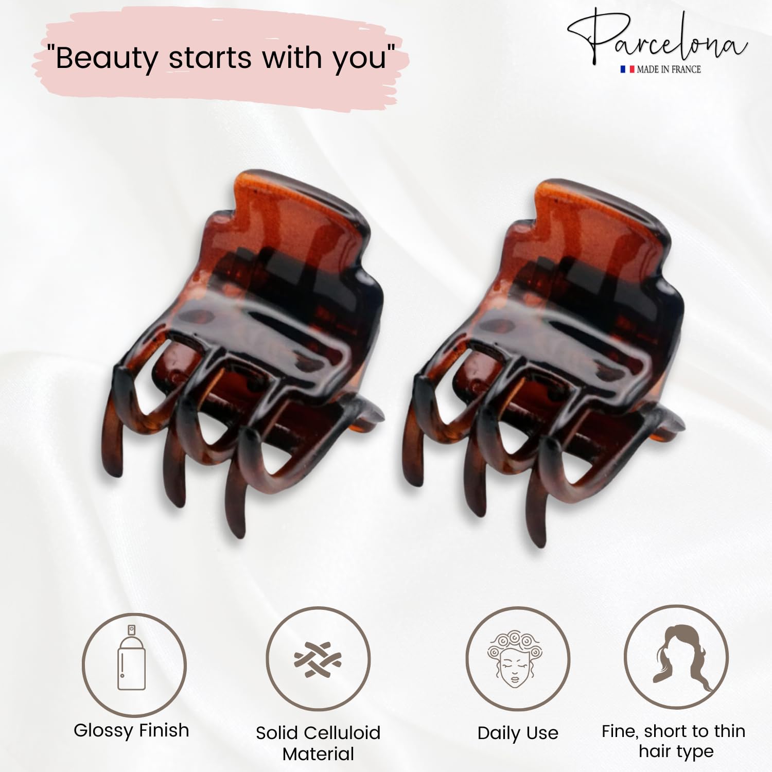 Parcelona French Glossy Square Very Small Cellulose Hair Claws for Women 2Pcs