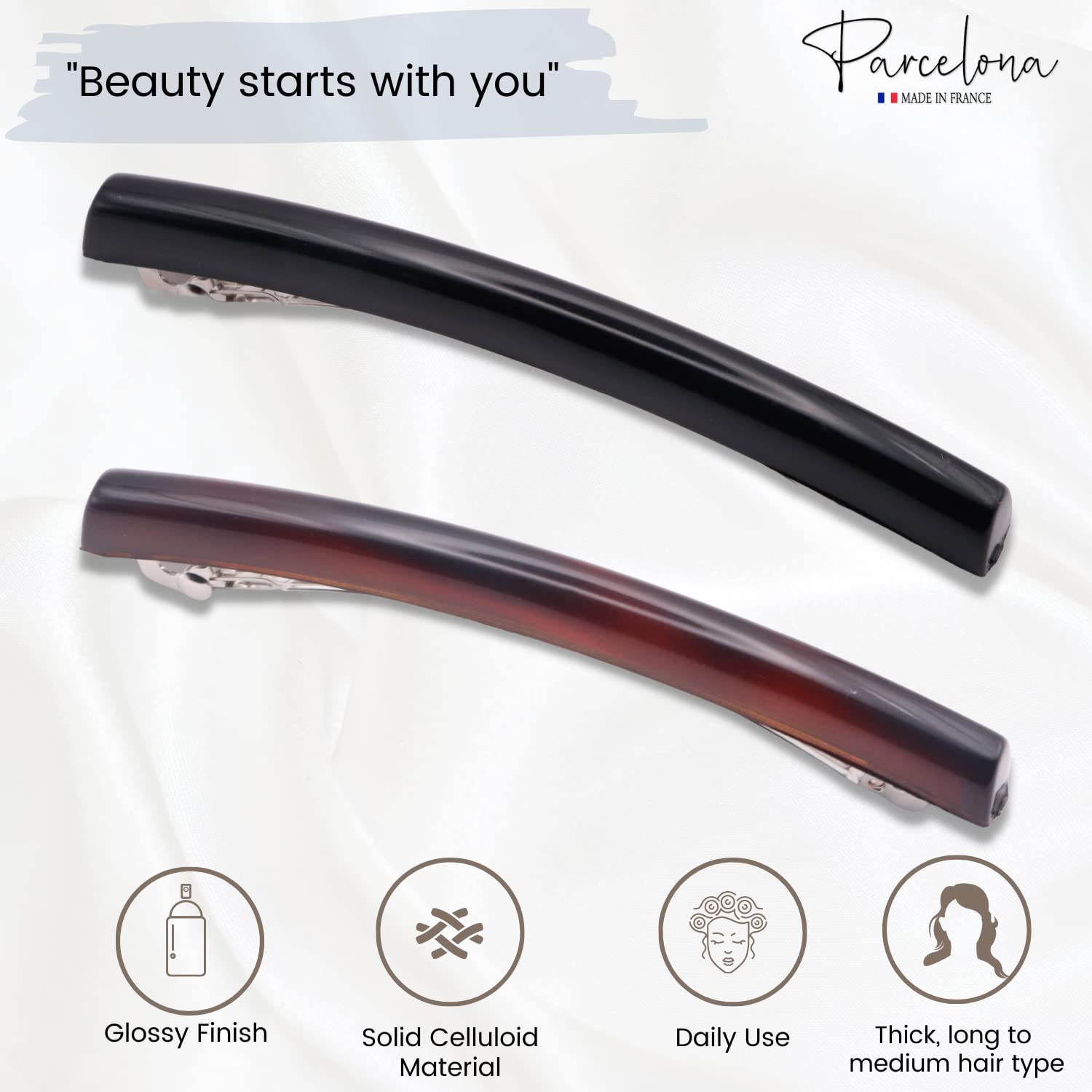 Parcelona French Long Narrow Large Automatic Cellulose Hair Barrette Set of 2