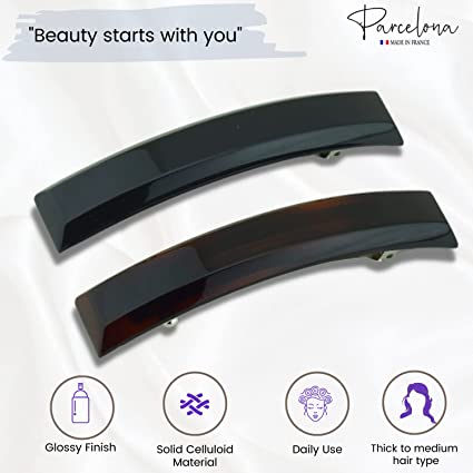 Parcelona French Bar Volume Large Shell N Black Cellulose Hair Barrettes(2 Pcs)