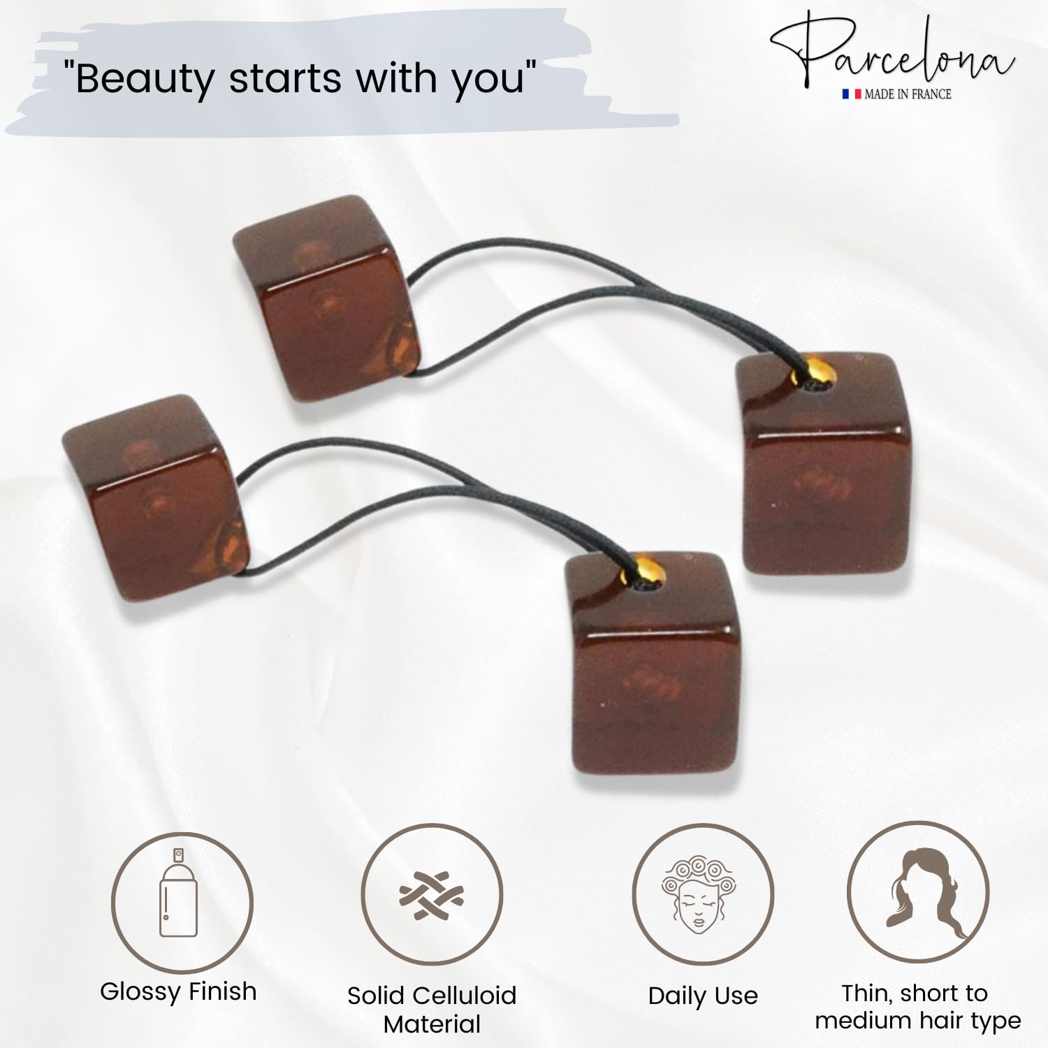 Parcelona French Twin Cube Small Cellulose Acetate Elastic Hair Ties (2 Pcs)