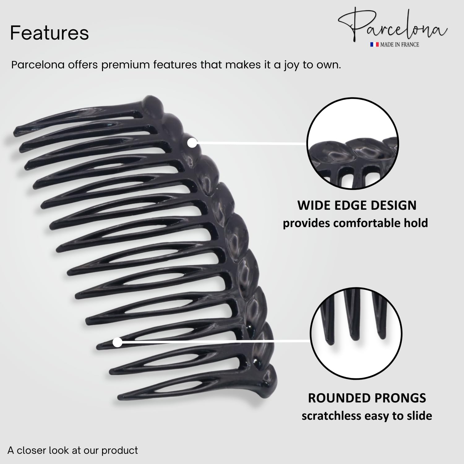 Parcelona French Twisted Edge Black 3” Set of 2 Flexible 13 teeth Side Hair Comb