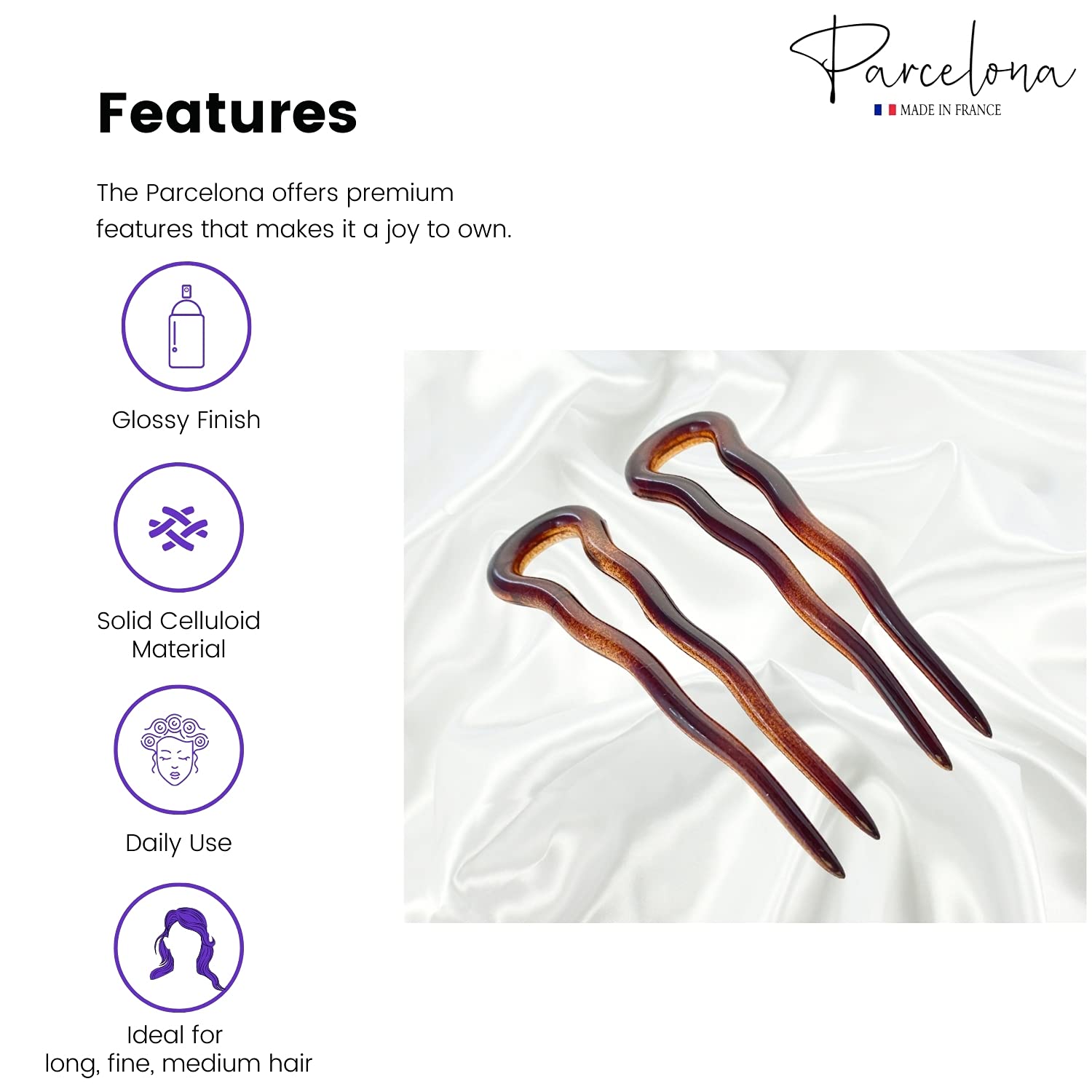 Parcelona French Mystic Large 3" Cellulose Chignon U Shaped Hair Pins(Set of 2)