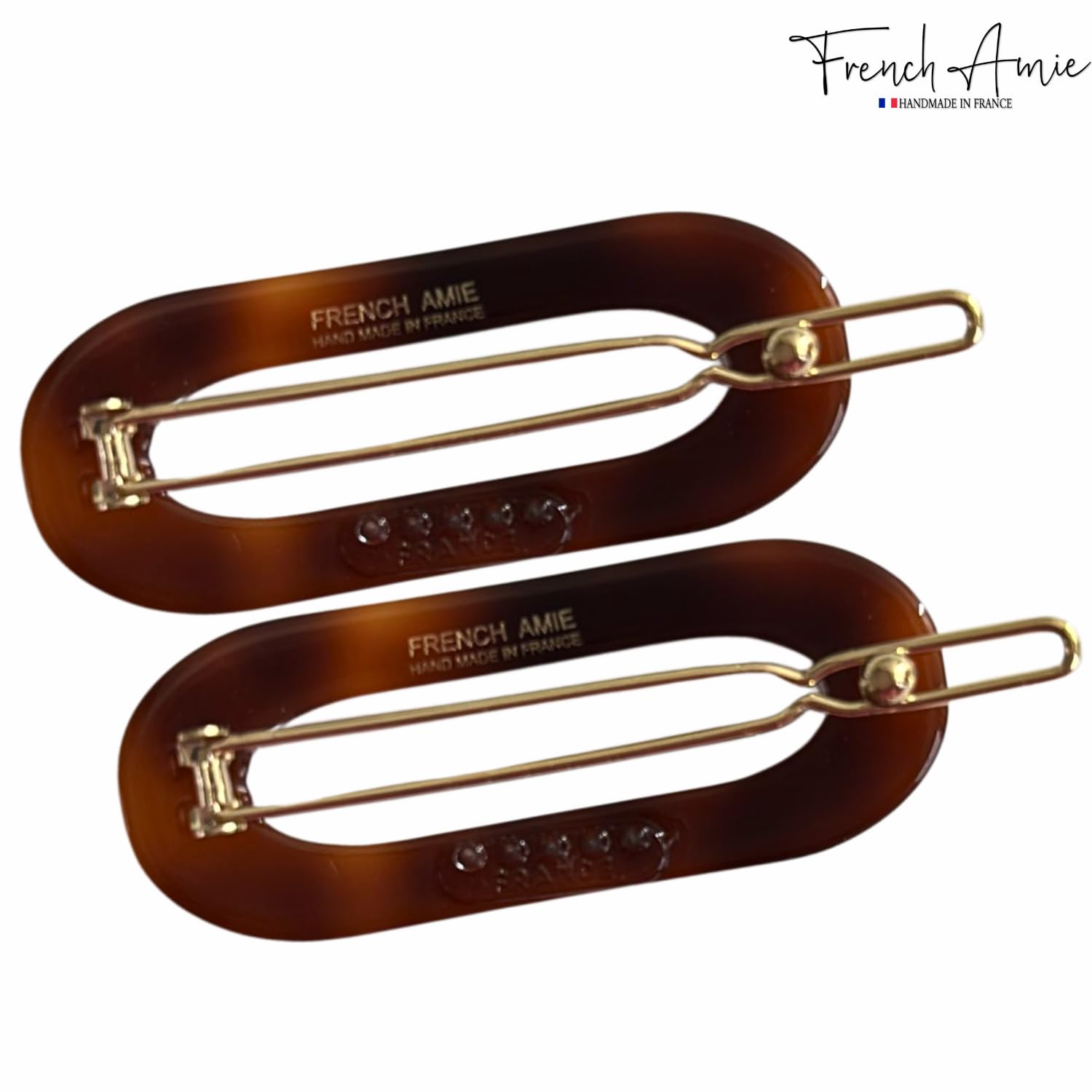 French Amie Mini Oval 2” Celluloid Handmade Snap Tige Boule Hair Clips