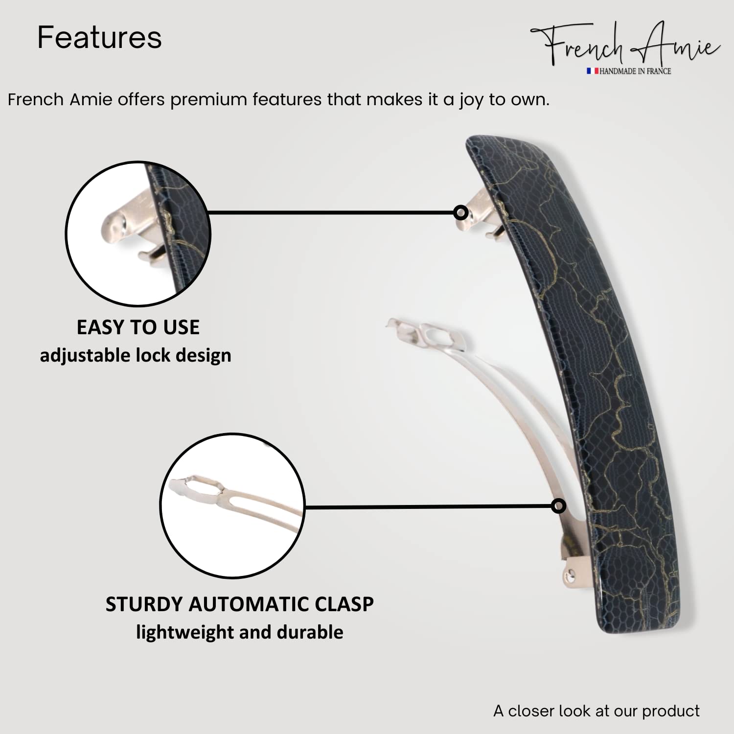 French Amie Oblong 3 1/2" Cellulose Handmade Automatic Hair Barrette for Women