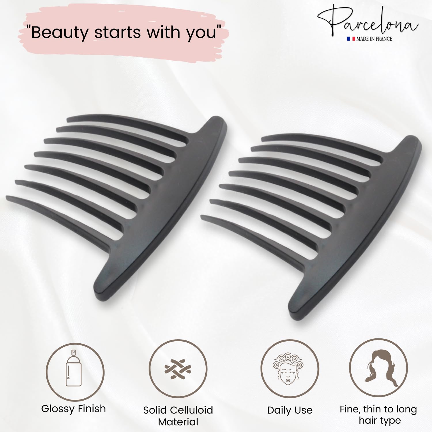 Parcelona French Basic 7 Teeth Large Celluloid Side Hair Combs for Women(2 Pcs)