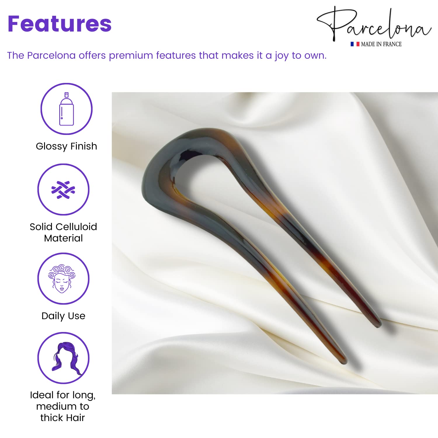 Parcelona French Curved U Large Cellulose Chignon Wavy Hair Stick for Women