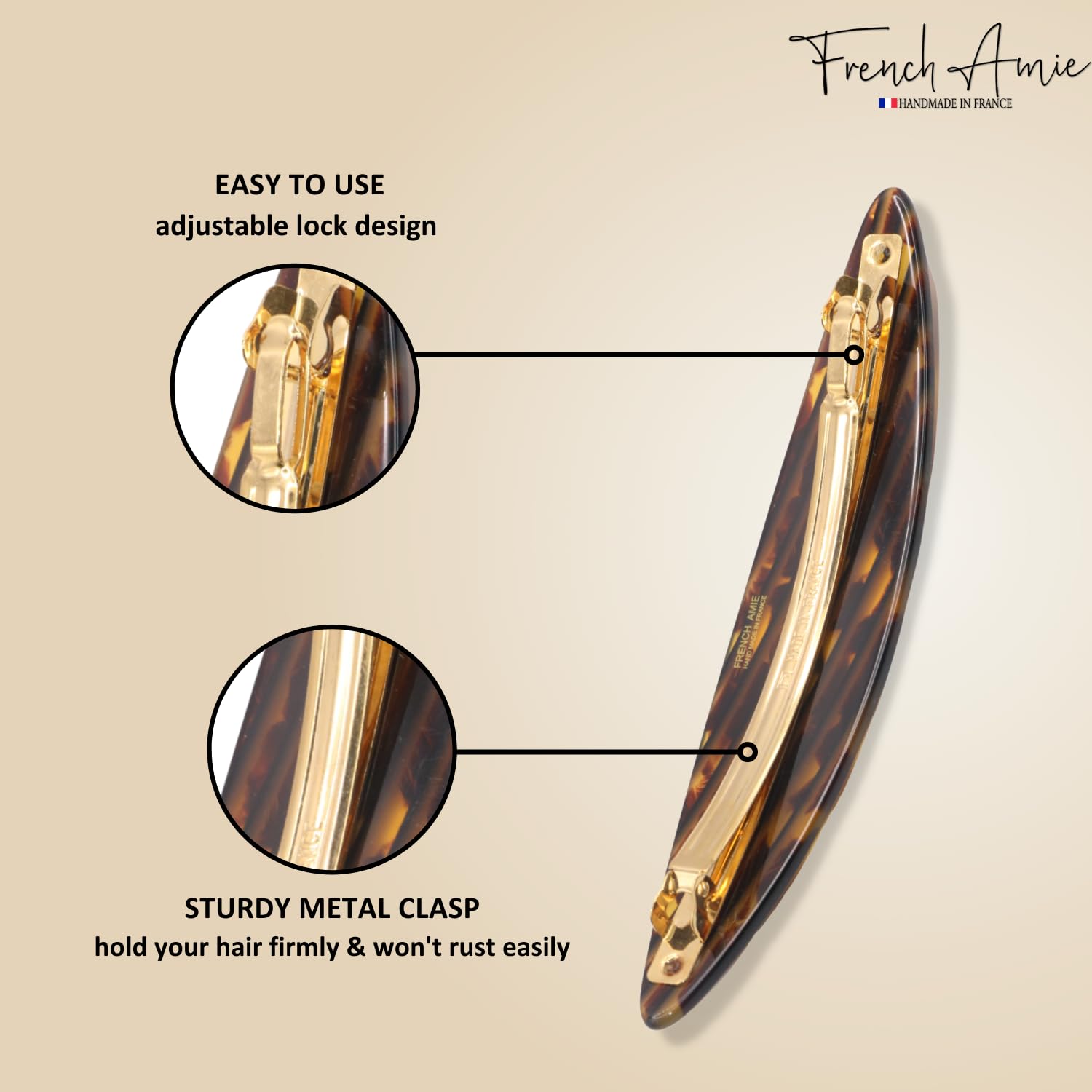 French Amie Large Oval Handmade Cellulose Hair Clip Barrette for Women