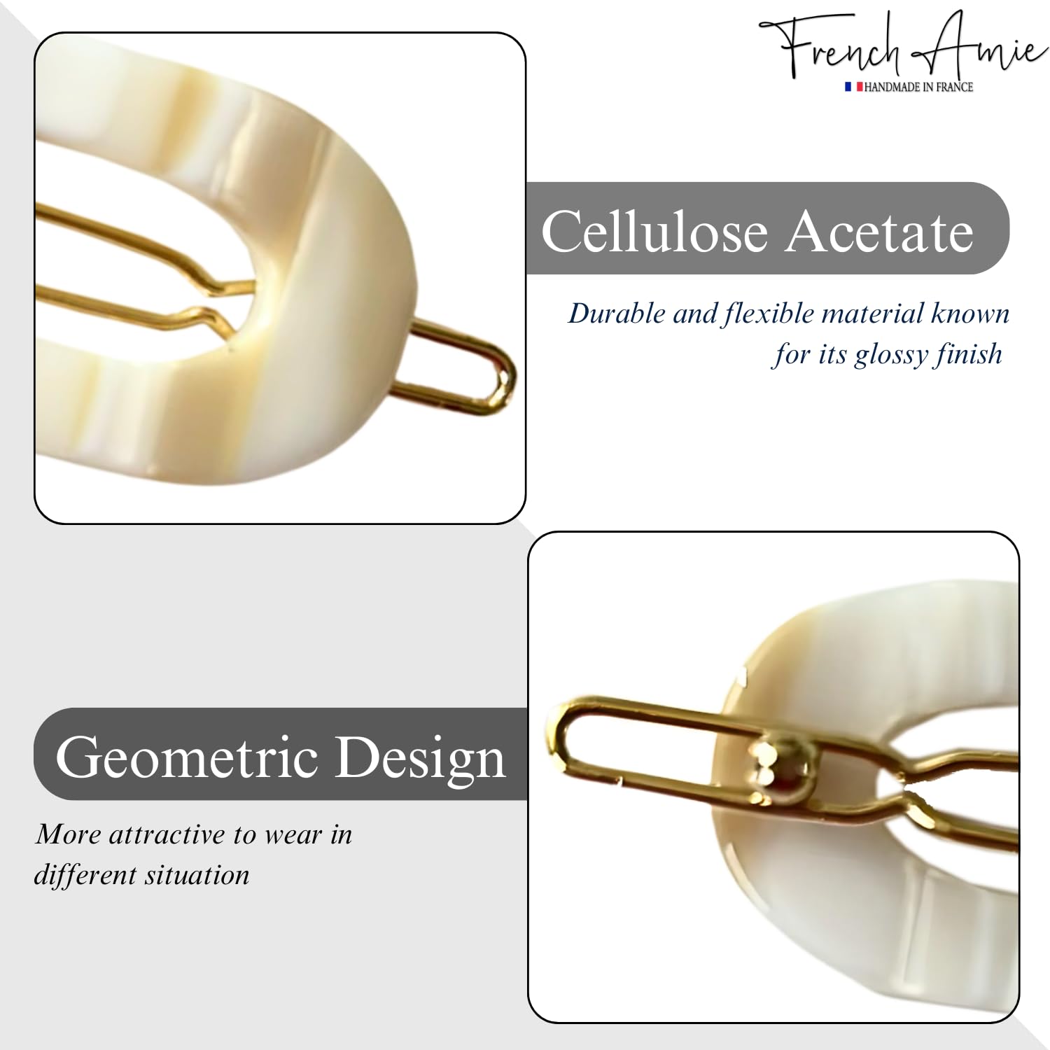 French Amie Mini Oval 2” Celluloid Handmade Snap Tige Boule Hair Clips