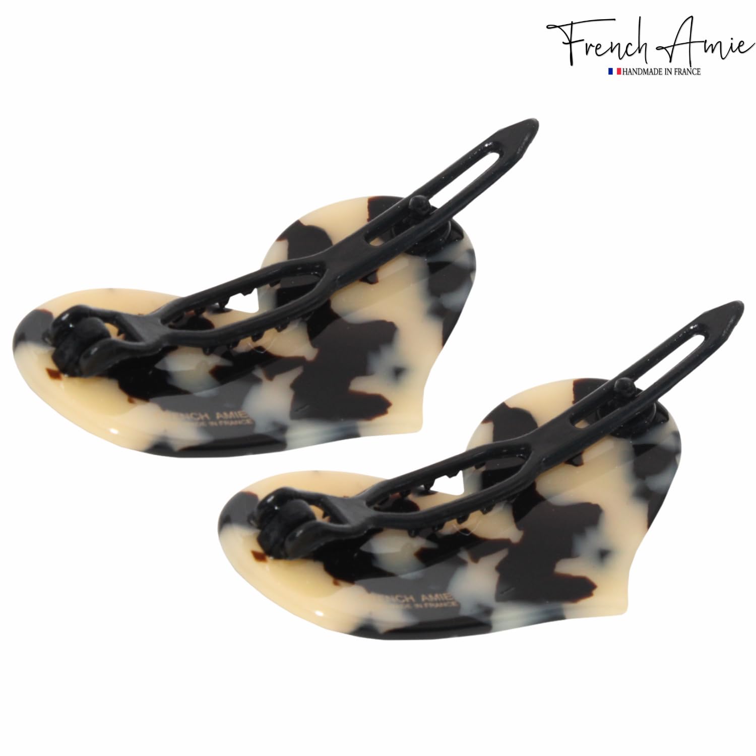 French Amie Cupid Hearts Small Celluloid Metal Free Snap Hair Clips - 2 Pcs